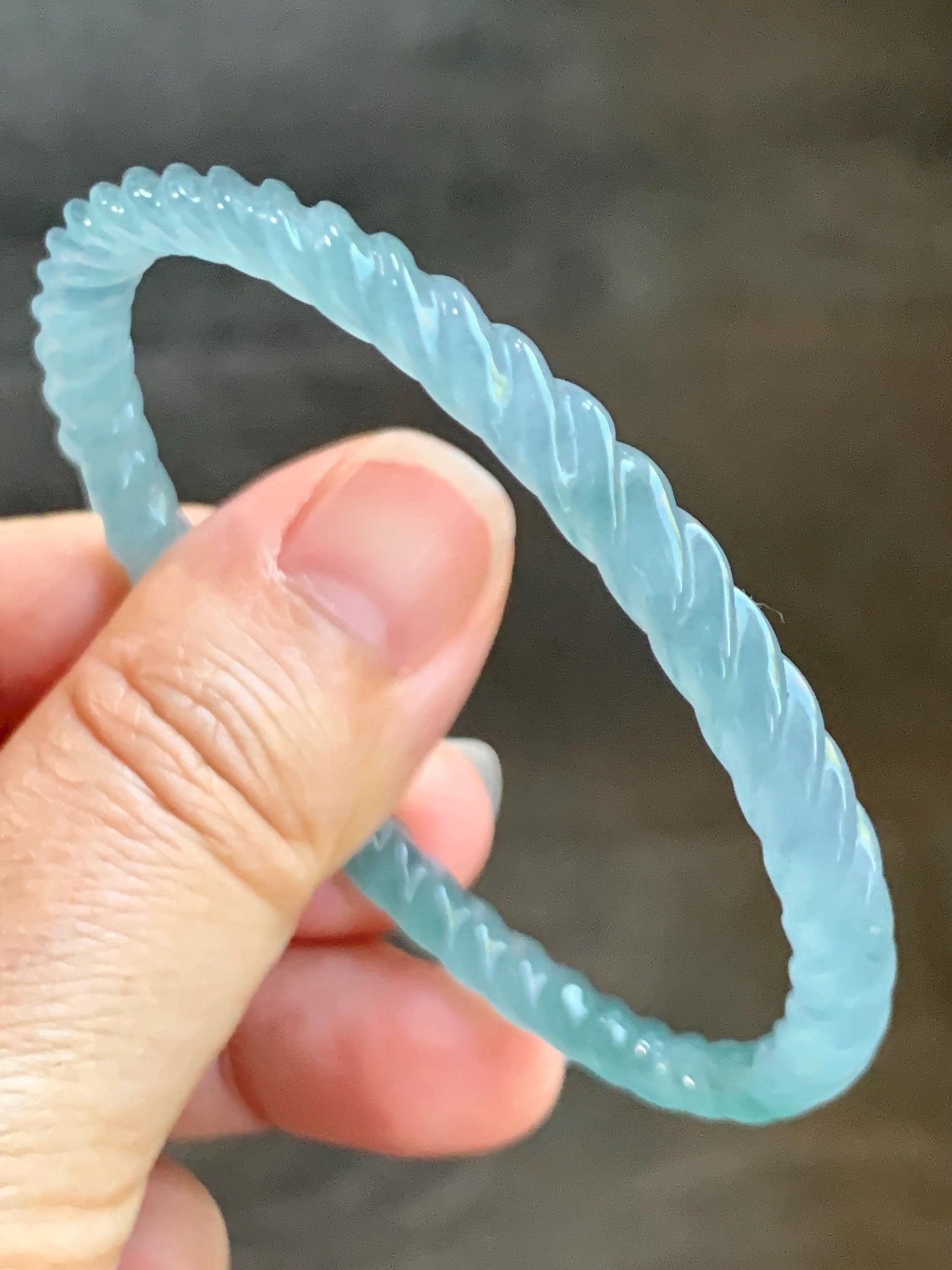 Certified Natural Grade A Guatemalan Icy Translucent Gelatinous Light Blue Jade Jadeite Carved Braid Bangle 55.94mm 6.9” 天然冰胶危浅蓝翡翠细麻花手镯 720