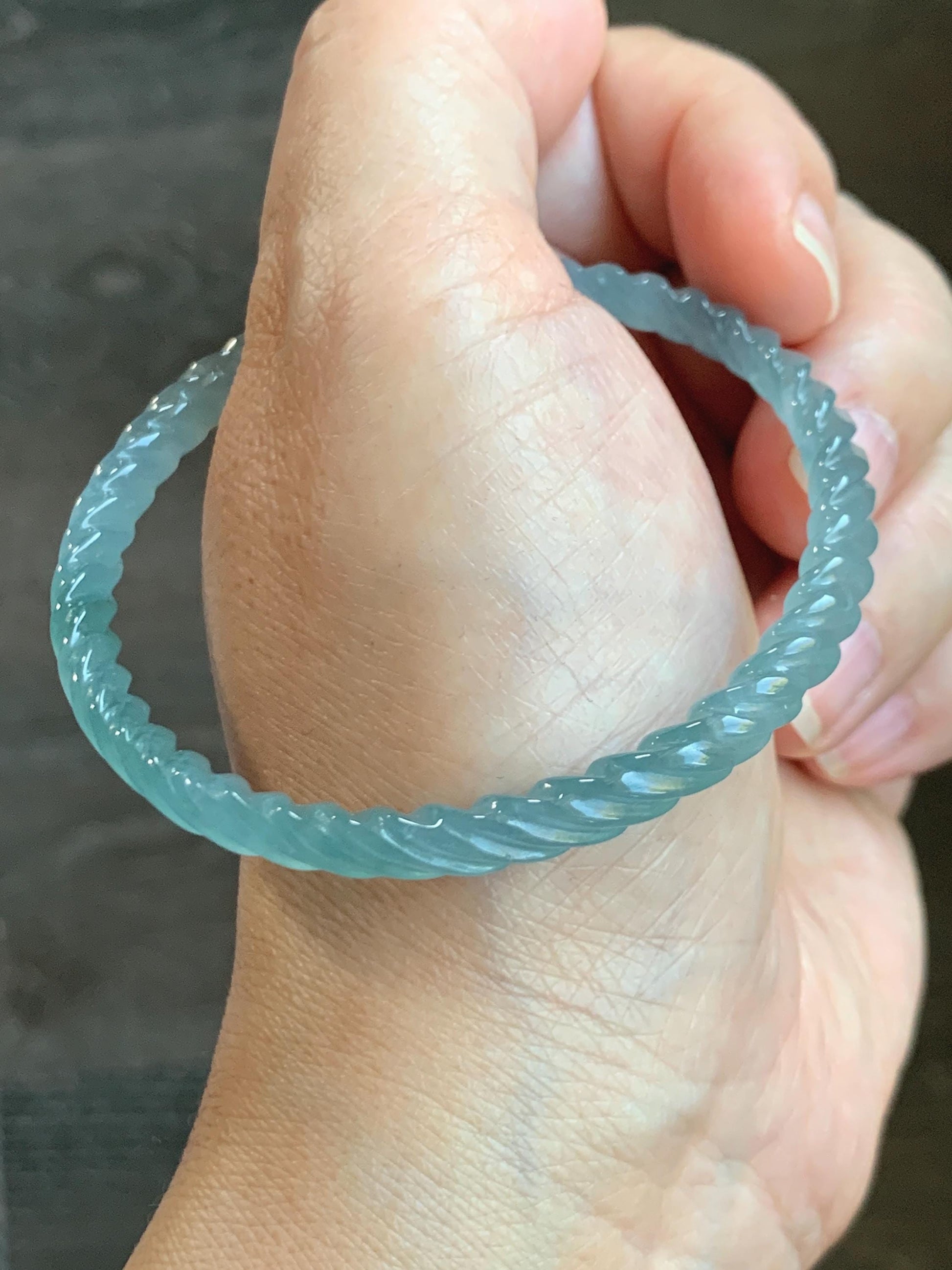 Certified Natural Grade A Guatemalan Icy Translucent Gelatinous Light Blue Jade Jadeite Carved Braid Bangle 55.94mm 6.9” 天然冰胶危浅蓝翡翠细麻花手镯 720
