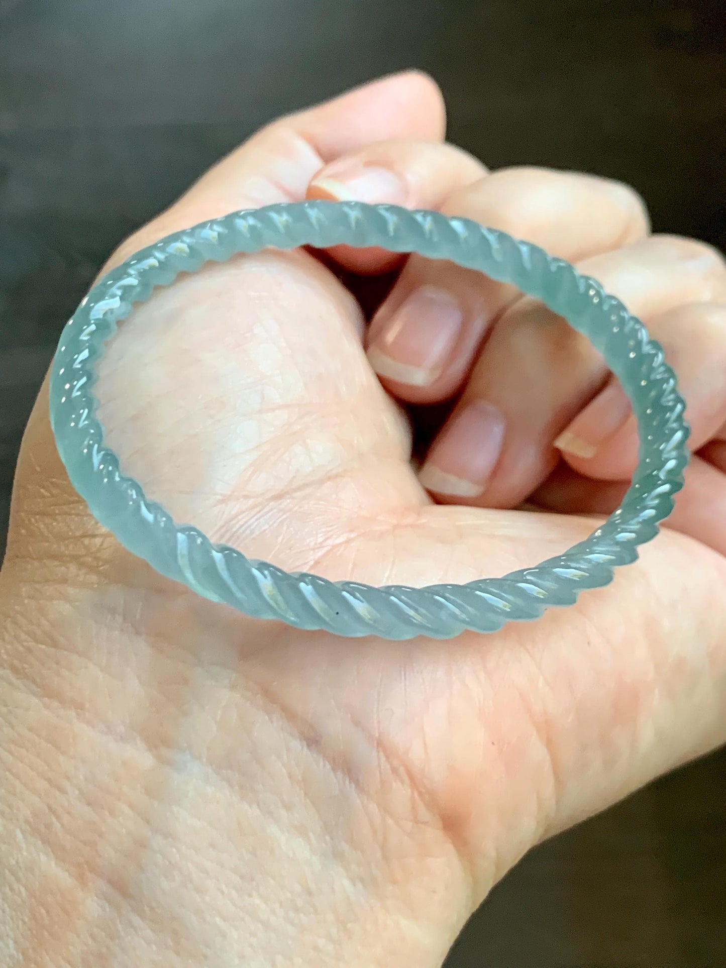 Certified Natural Grade A Guatemalan Icy Translucent Gelatinous Light Blue Jade Jadeite Carved Braid Bangle 55.94mm 6.9” 天然冰胶危浅蓝翡翠细麻花手镯 720
