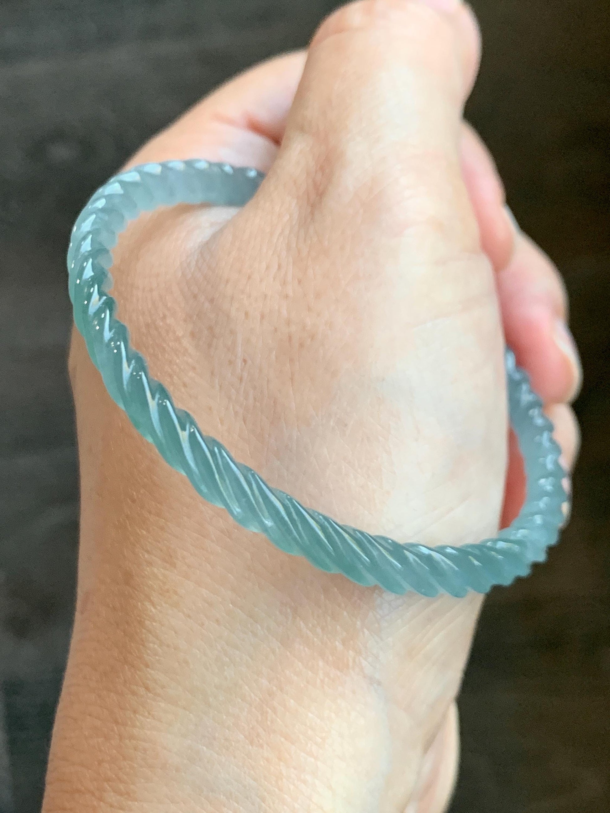 Certified Natural Grade A Guatemalan Icy Translucent Gelatinous Light Blue Jade Jadeite Carved Braid Bangle 55.94mm 6.9” 天然冰胶危浅蓝翡翠细麻花手镯 720