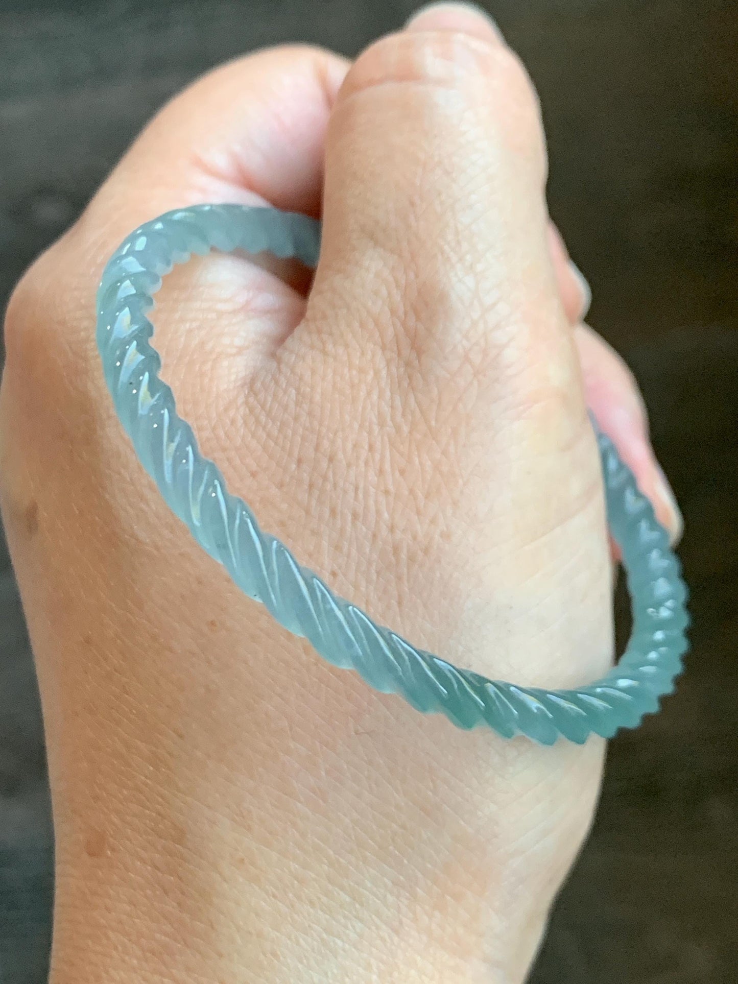 Certified Natural Grade A Guatemalan Icy Translucent Gelatinous Light Blue Jade Jadeite Carved Braid Bangle 55.94mm 6.9” 天然冰胶危浅蓝翡翠细麻花手镯 720