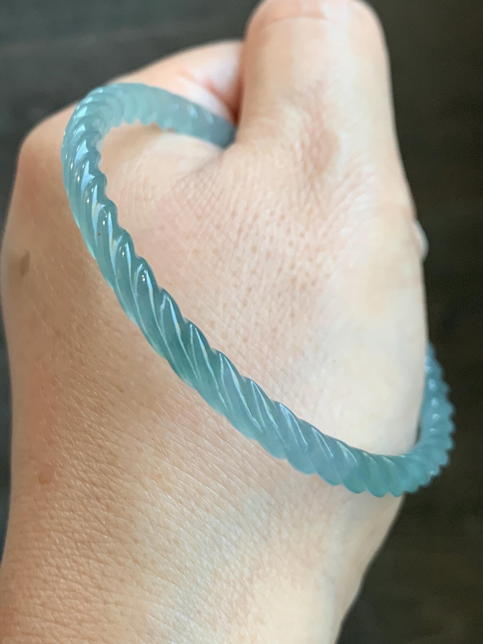 Certified Natural Grade A Guatemalan Icy Translucent Gelatinous Light Teal Jade Jadeite Carved Braid Bangle 56.82mm 7” 天然冰胶危浅蓝绿翡翠细麻花手镯 711