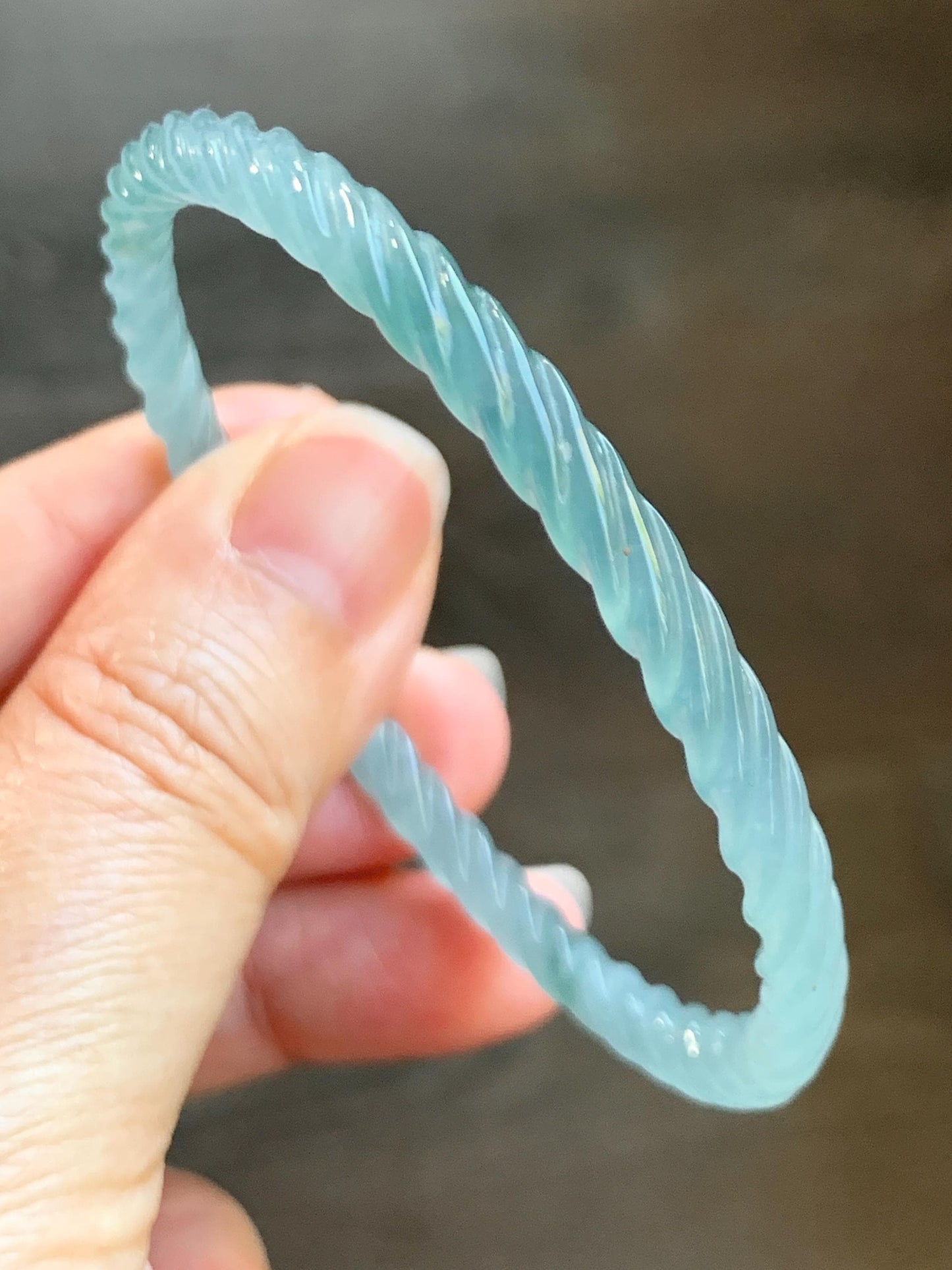 Certified Natural Grade A Guatemalan Icy Translucent Gelatinous Light Teal Jade Jadeite Carved Braid Bangle 56.82mm 7” 天然冰胶危浅蓝绿翡翠细麻花手镯 711
