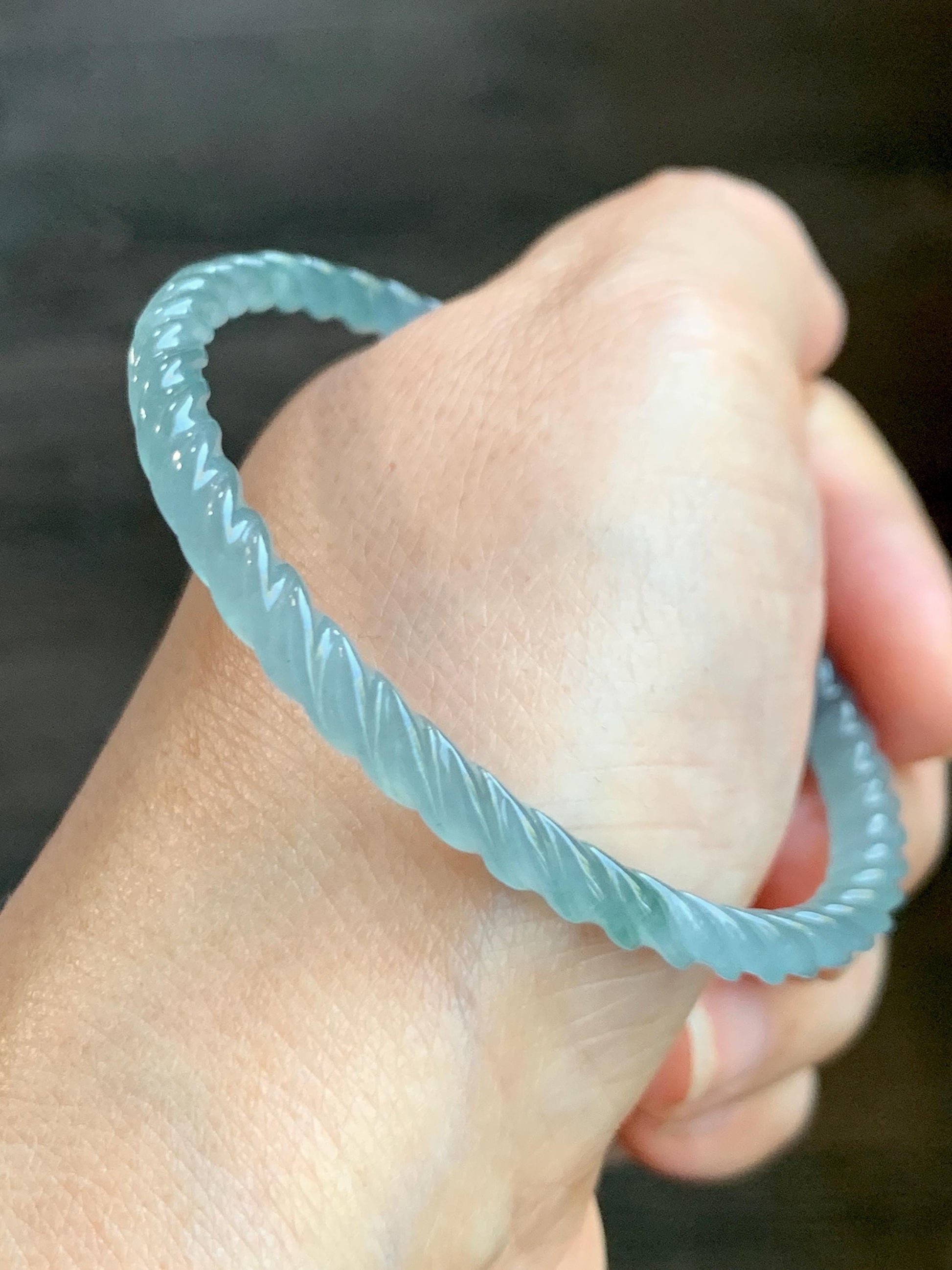 Certified Natural Grade A Guatemalan Icy Translucent Gelatinous Light Teal Jade Jadeite Carved Braid Bangle 56.82mm 7” 天然冰胶危浅蓝绿翡翠细麻花手镯 711
