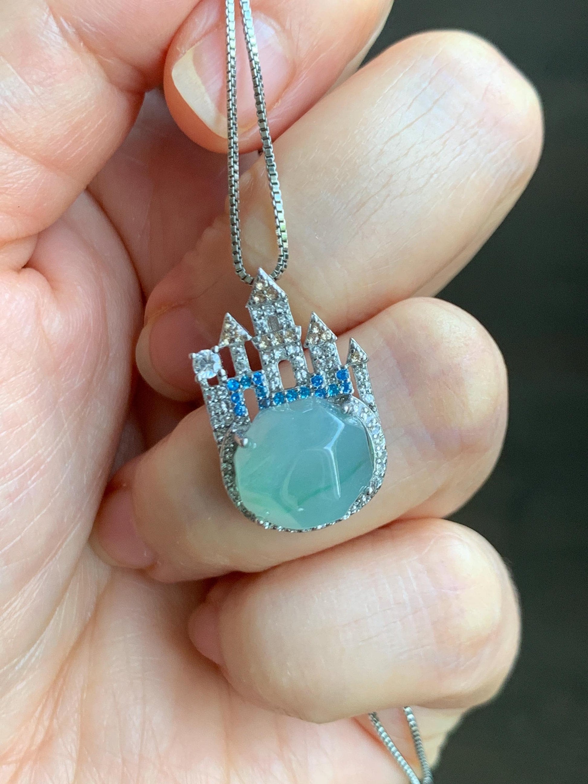 Natural Grade A Guatemalan Icy Translucent Pastel Green Marbled Faceted Jade Jadeite Castle Pendant Sterling Silver 天然冰危晴飘花翡翠切割面城堡吊坠 WXC120