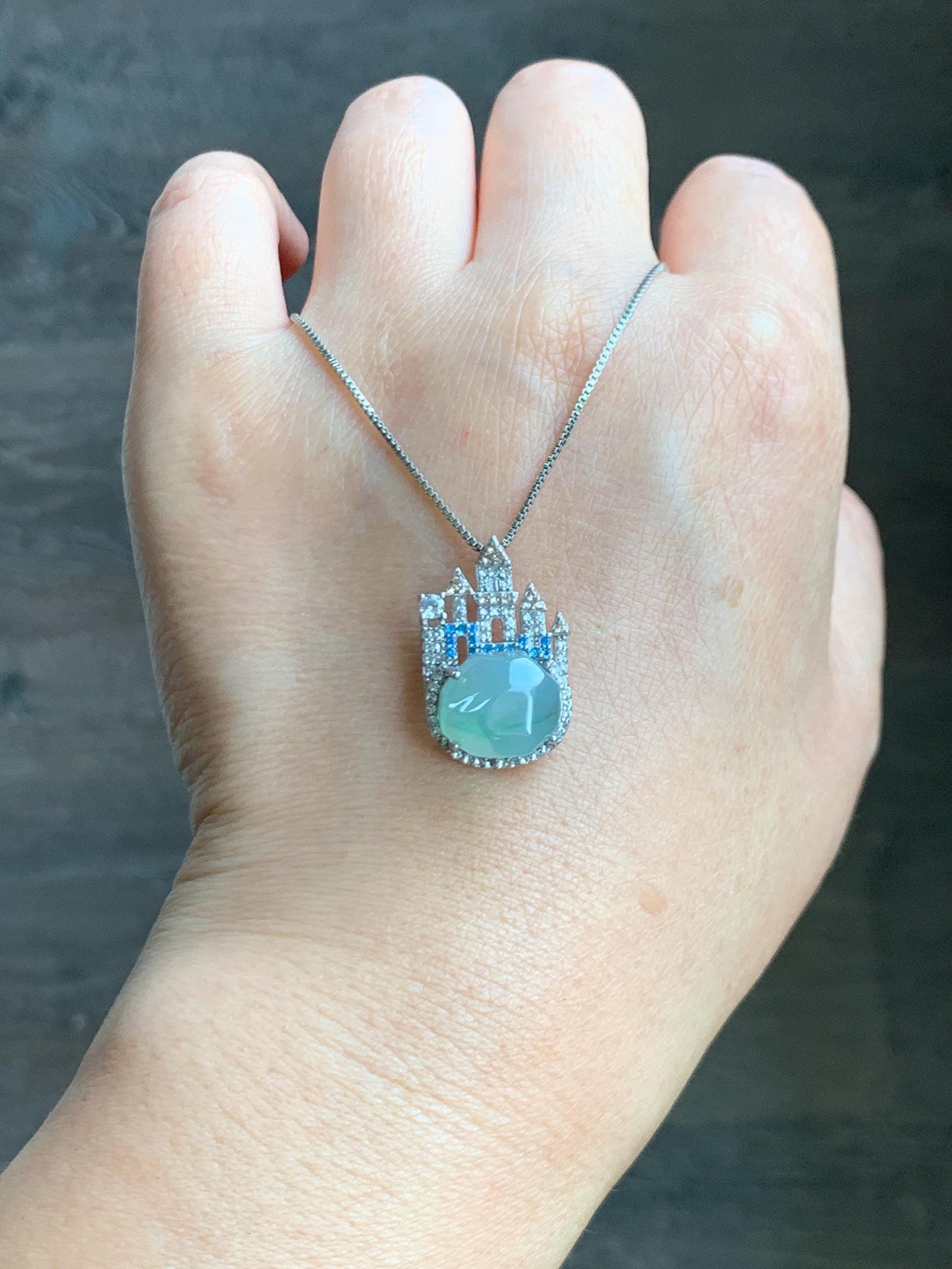 Natural Grade A Guatemalan Icy Translucent Pastel Green Marbled Faceted Jade Jadeite Castle Pendant Sterling Silver 天然冰危晴飘花翡翠切割面城堡吊坠 WXC120