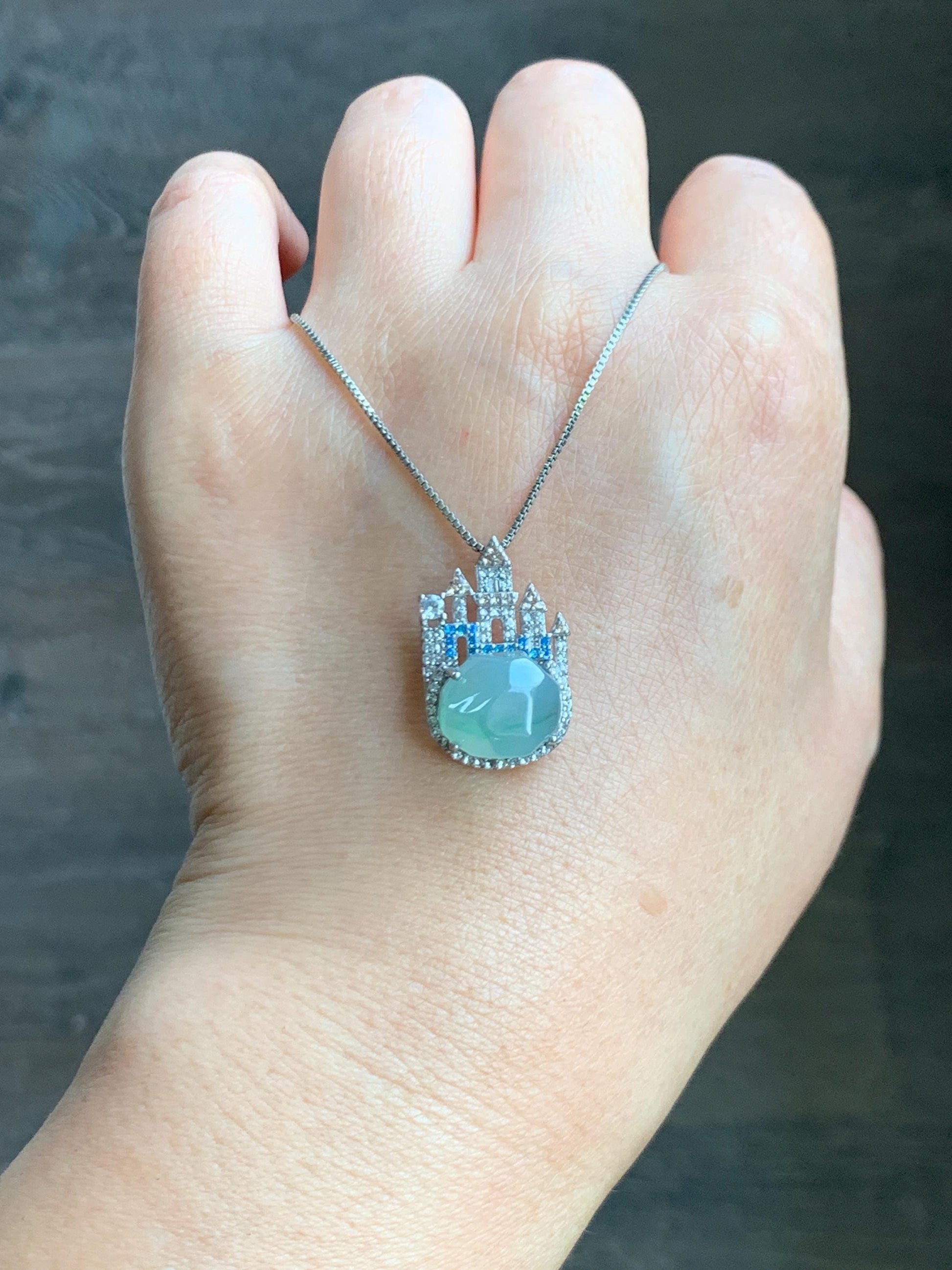 Natural Grade A Guatemalan Icy Translucent Pastel Green Marbled Faceted Jade Jadeite Castle Pendant Sterling Silver 天然冰危晴飘花翡翠切割面城堡吊坠 WXC120