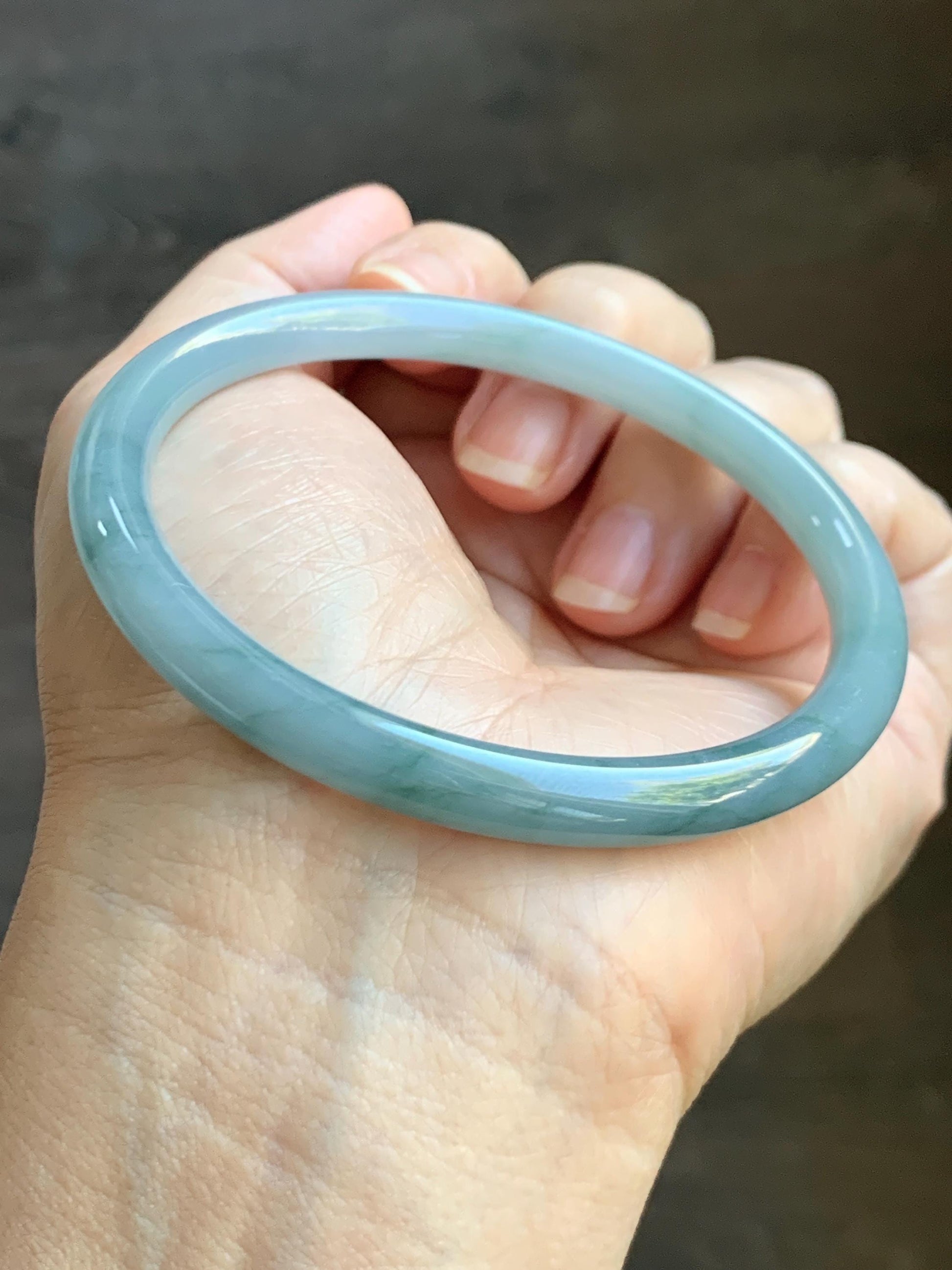 Certified Natural Grade A Guatemalan Icy Translucent Pastel Dusty Blue Marbled Jade Jadeite Bangle 60.87mm 7.5” 25.22g 天然冰危浅篮飘花翡翠圆条手镯 712