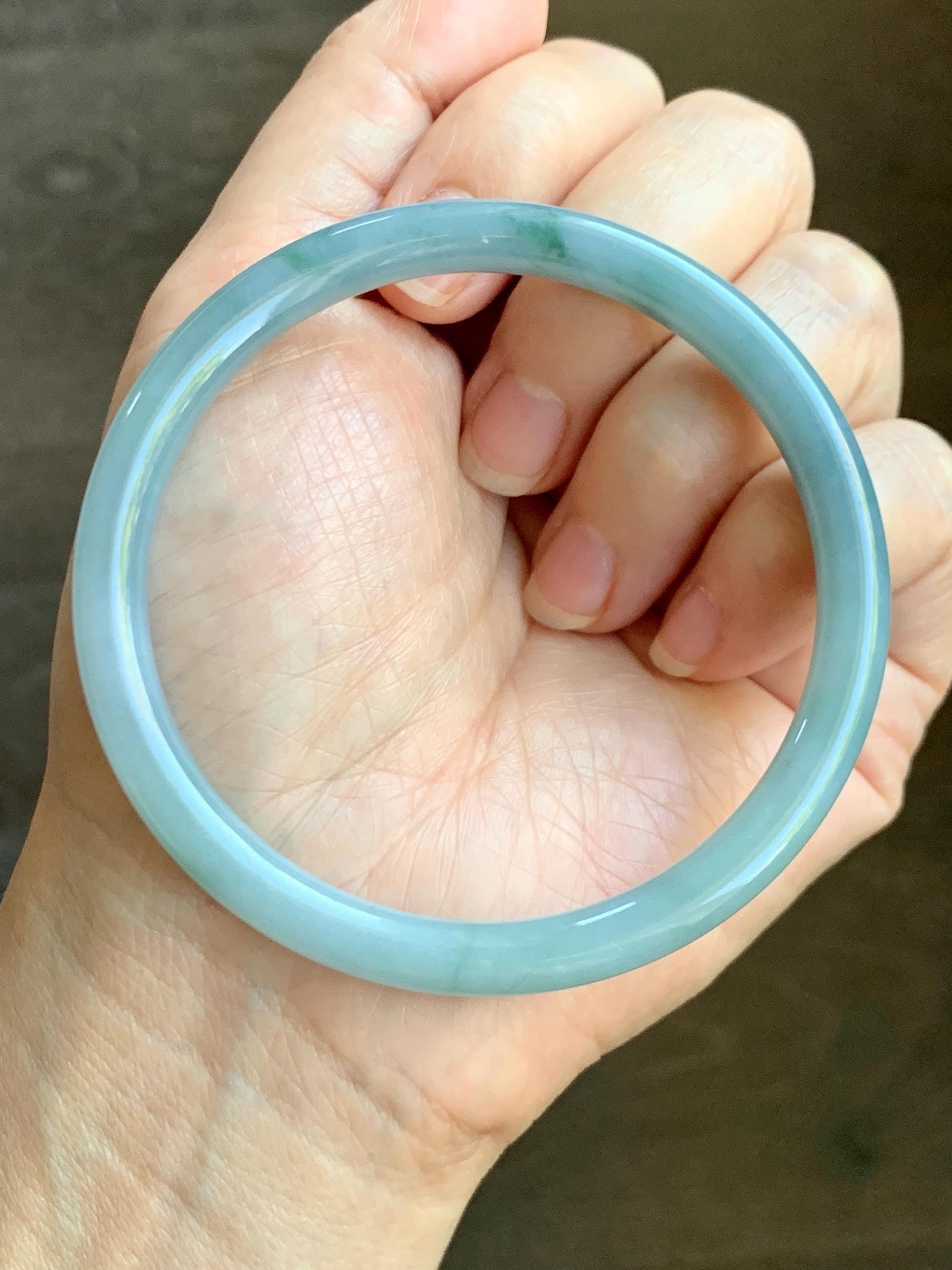 Certified Natural Grade A Guatemalan Icy Translucent Pastel Dusty Blue Marbled Jade Jadeite Bangle 60.87mm 7.5” 25.22g 天然冰危浅篮飘花翡翠圆条手镯 712
