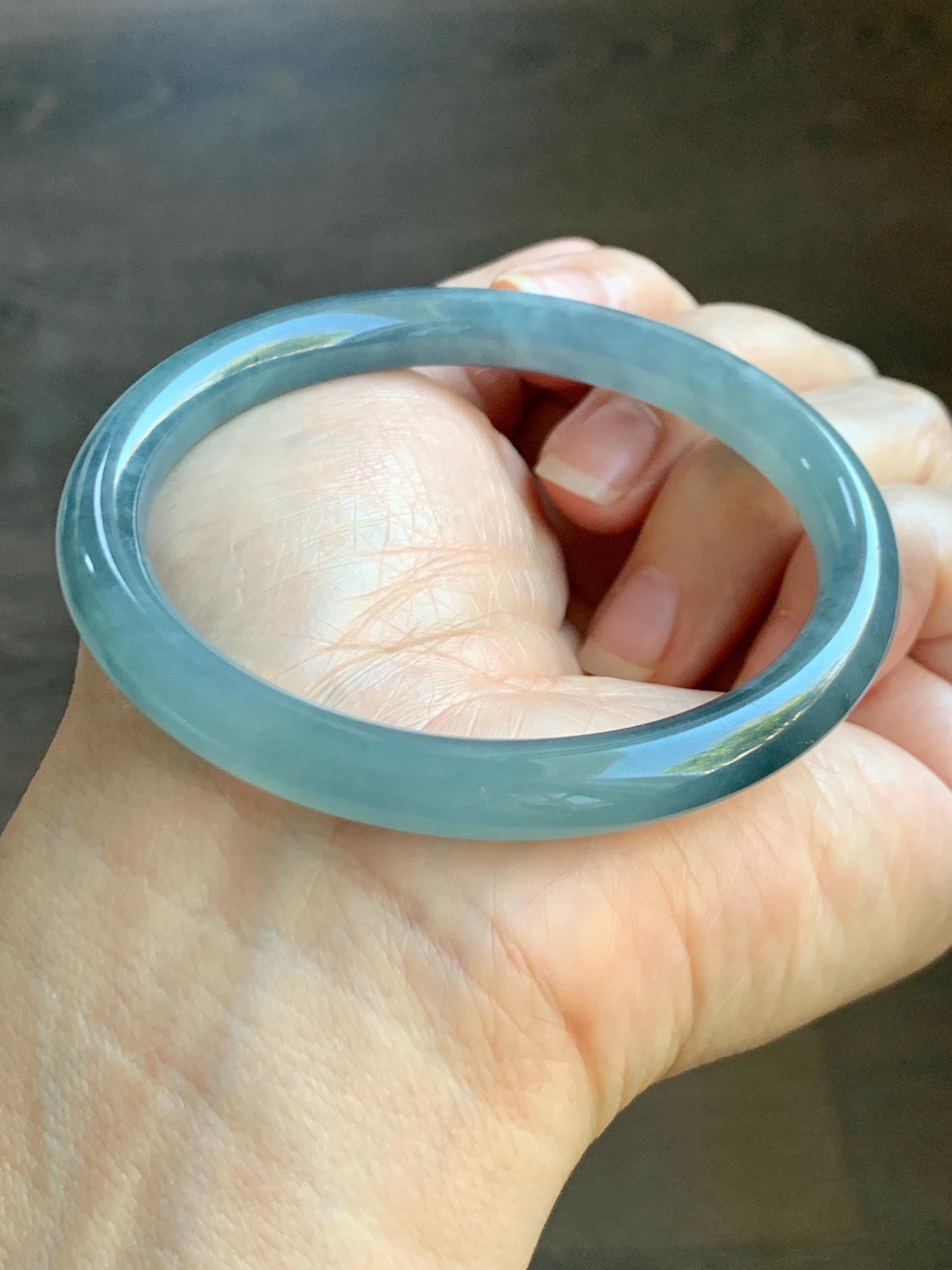 Certified Natural Grade A Guatemalan Icy Translucent Dusty Blue Marbled Jade Jadeite Bangle Bracelet 58.59mm 7.24” 32g 天然冰危蓝飘花翡翠圆条手镯 725