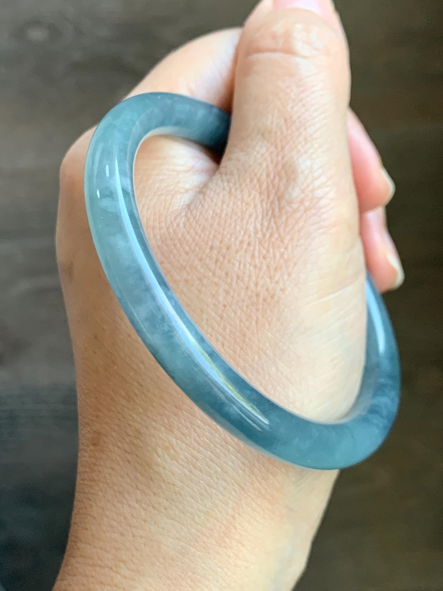 Certified Natural Grade A Guatemalan Icy Translucent Dusty Blue Marbled Jade Jadeite Bangle Bracelet 58.59mm 7.24” 32g 天然冰危蓝飘花翡翠圆条手镯 725