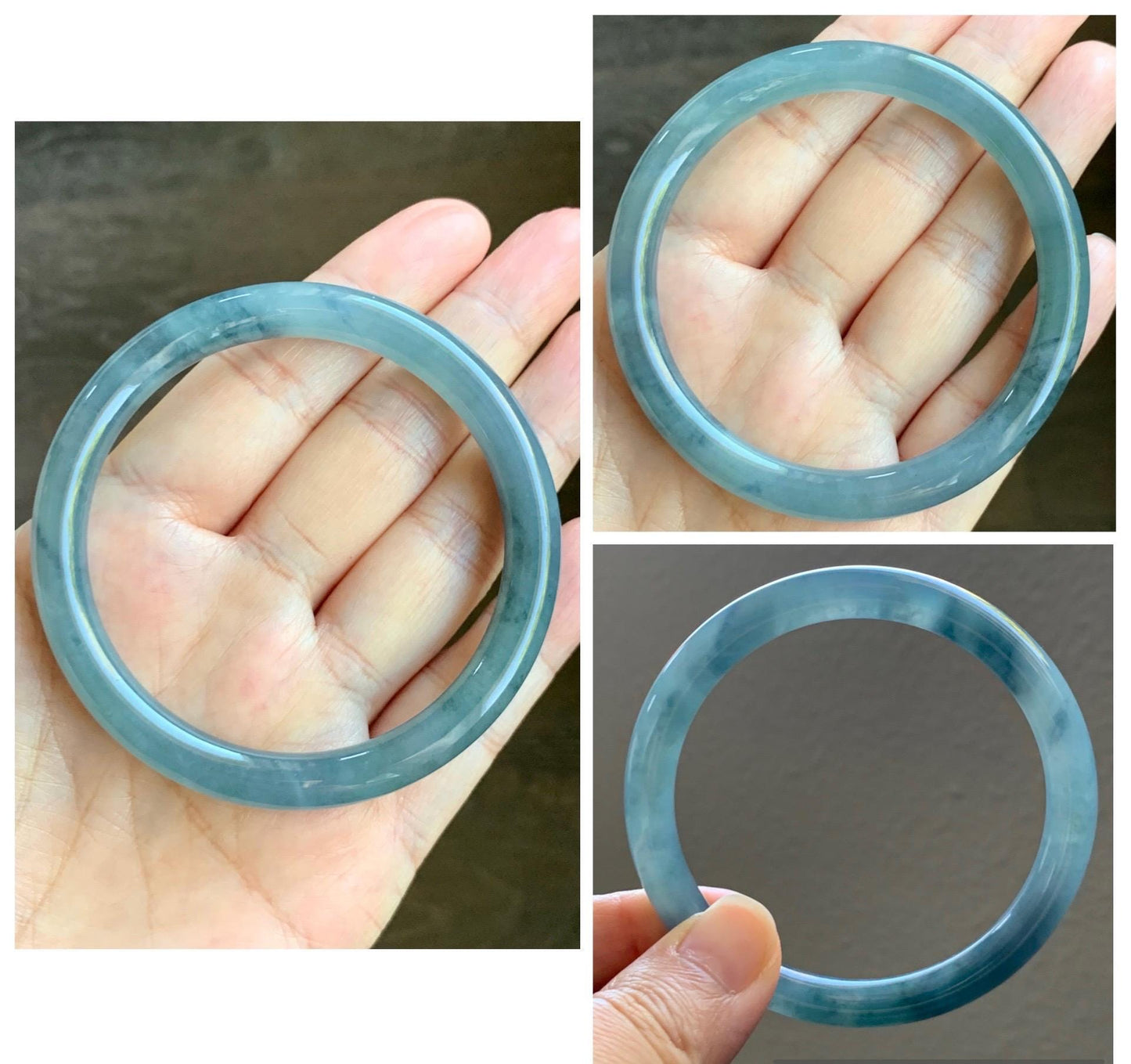Certified Natural Grade A Guatemalan Icy Translucent Dusty Blue Marbled Jade Jadeite Bangle Bracelet 56.48mm 6.98” 30g 天然冰危蓝飘花翡翠圆条手镯 291