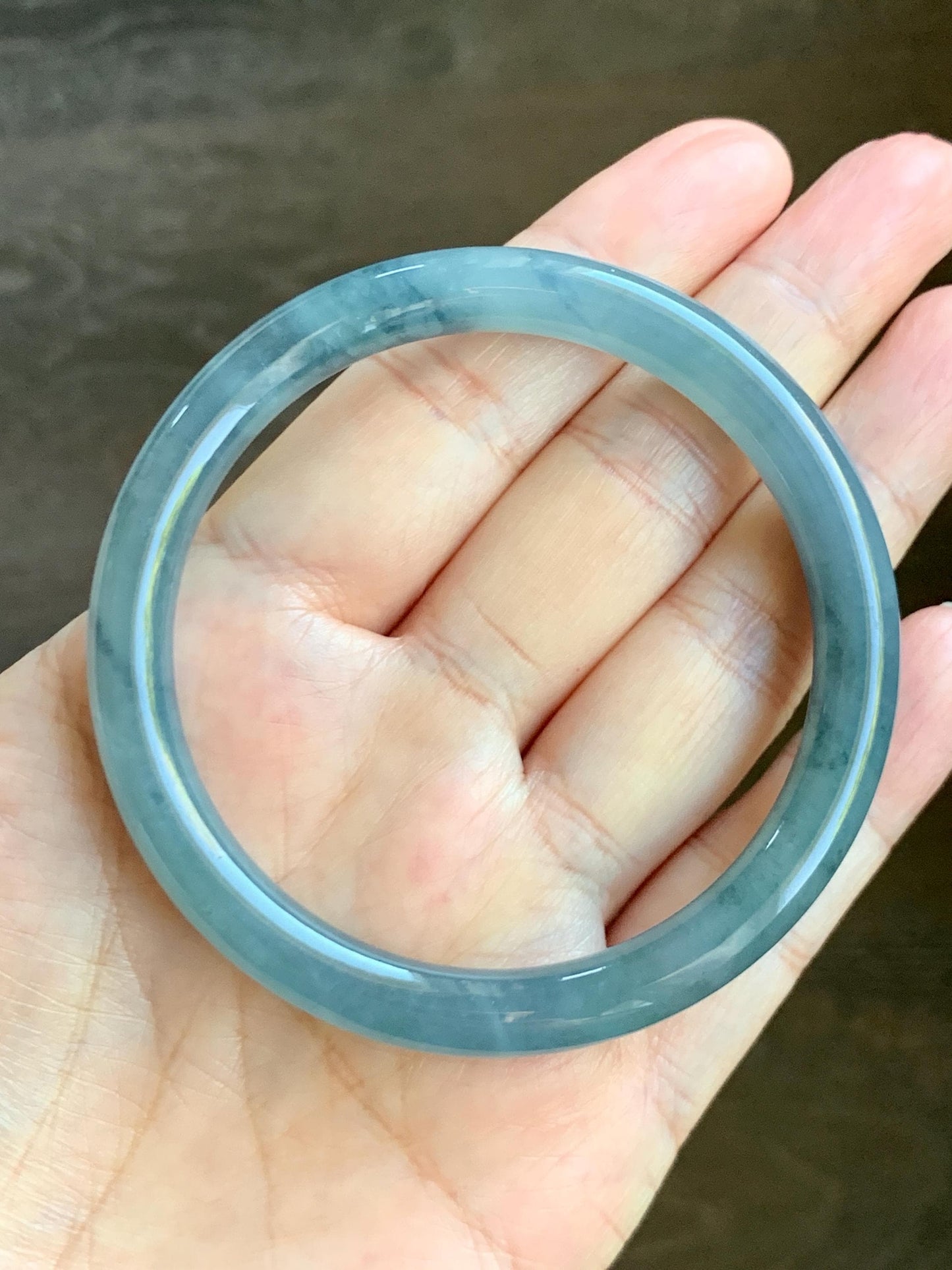 Certified Natural Grade A Guatemalan Icy Translucent Dusty Blue Marbled Jade Jadeite Bangle Bracelet 56.48mm 6.98” 30g 天然冰危蓝飘花翡翠圆条手镯 291
