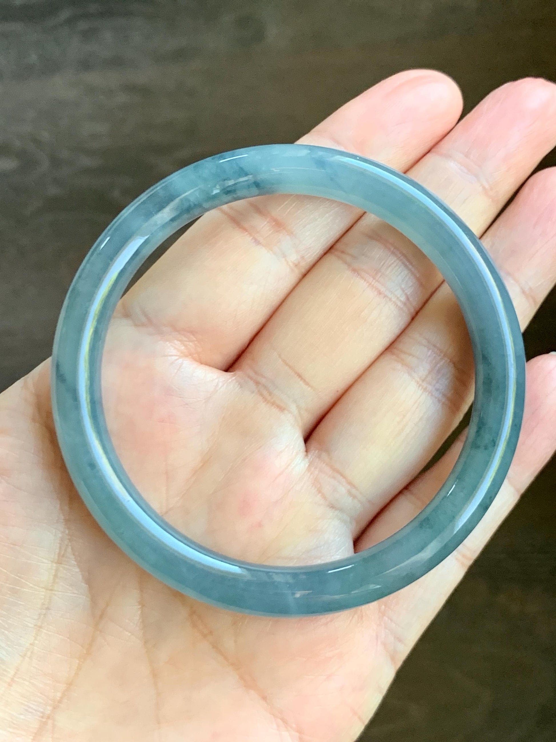 Certified Natural Grade A Guatemalan Icy Translucent Dusty Blue Marbled Jade Jadeite Bangle Bracelet 56.48mm 6.98” 30g 天然冰危蓝飘花翡翠圆条手镯 291