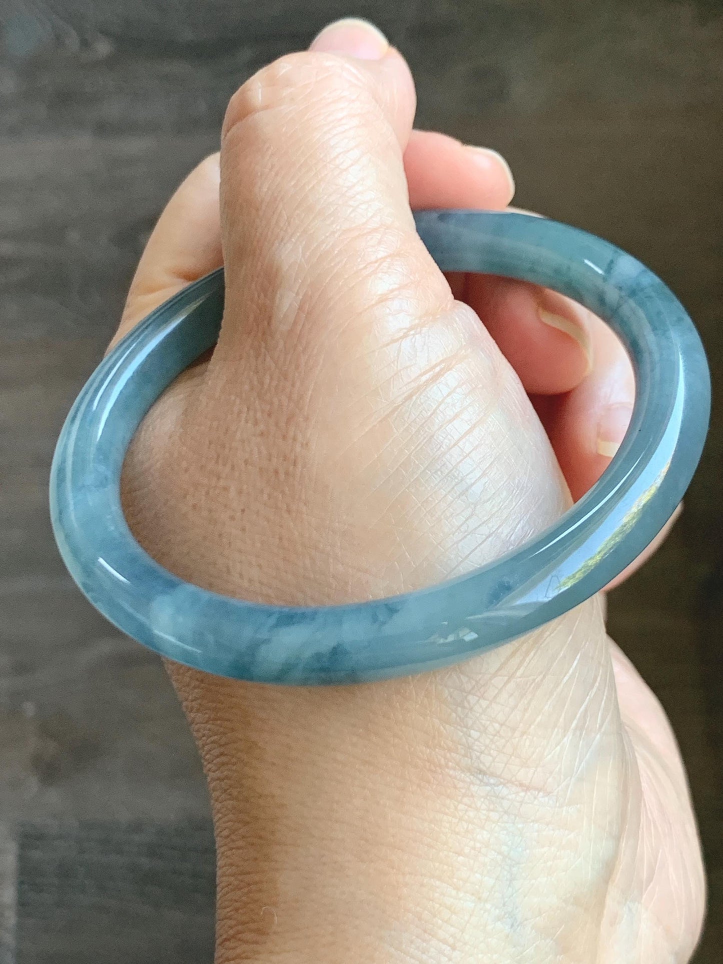 Certified Natural Grade A Guatemalan Icy Translucent Dusty Blue Marbled Jade Jadeite Bangle Bracelet 56.48mm 6.98” 30g 天然冰危蓝飘花翡翠圆条手镯 291