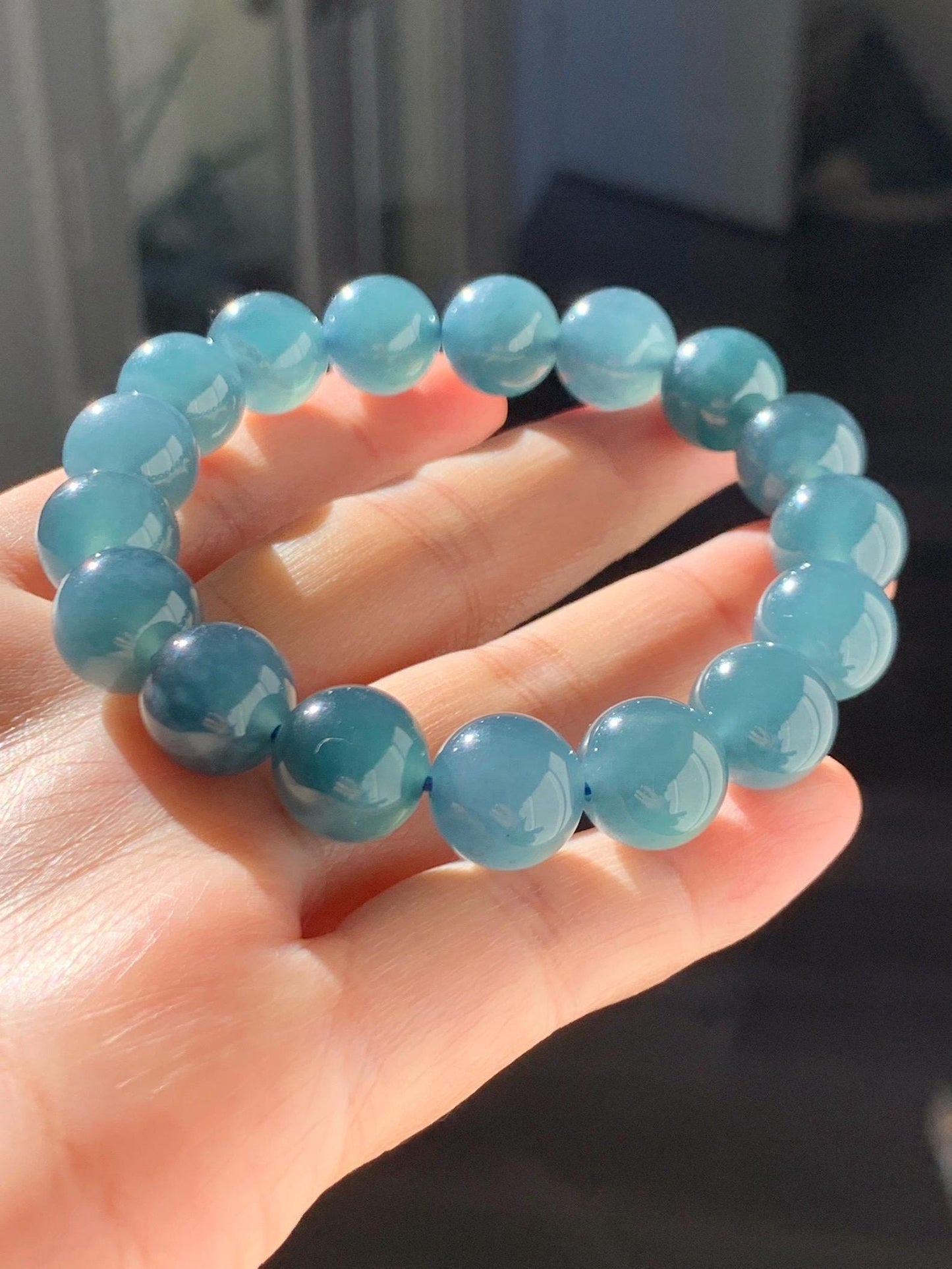 Certified Natural Grade A Guatemalan Icy Translucent Dark Blueberry Jade Jadeite Beaded Bracelet 11.8mm 7.4” 48.69g 天然冰胶危蓝莓紫翡翠圆珠手串 764