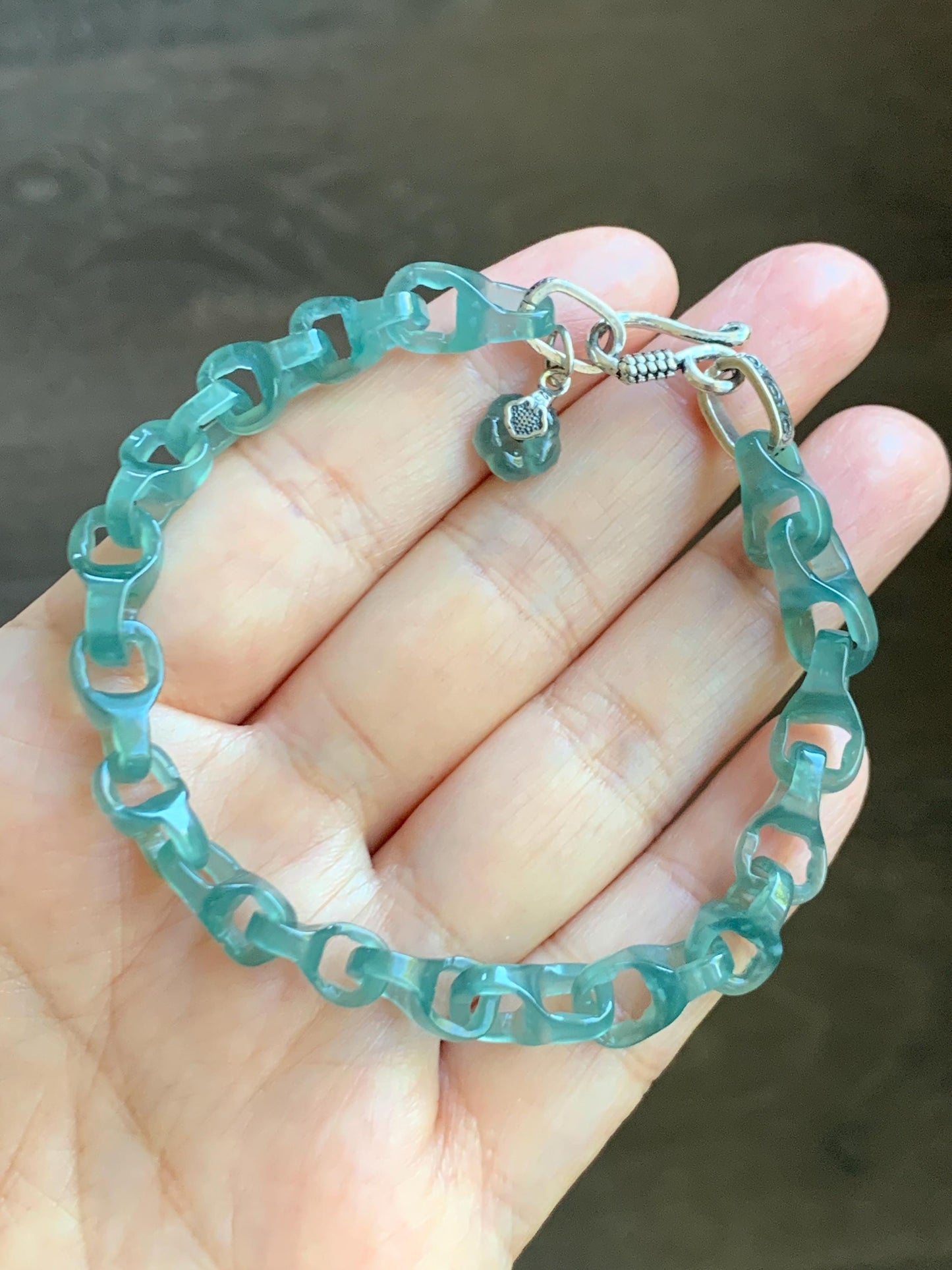 Certified Natural Guatemalan Icy Teal Green Jade Jadeite Interlocking Dragon Bone Links Bracelet Sterling Silver 7.75” 天然冰胶危蓝绿翡翠龙骨链手链 747
