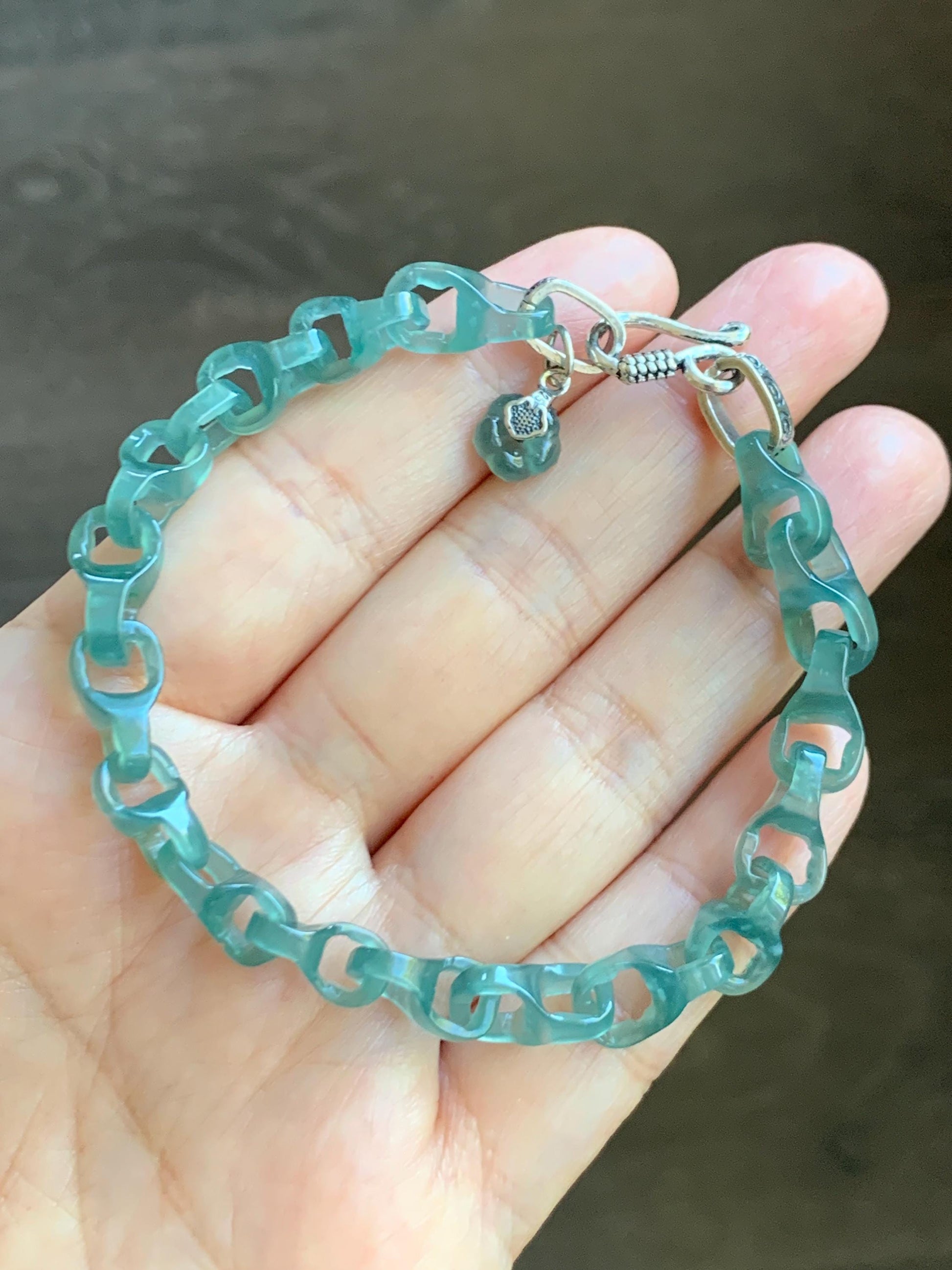 Certified Natural Guatemalan Icy Teal Green Jade Jadeite Interlocking Dragon Bone Links Bracelet Sterling Silver 7.75” 天然冰胶危蓝绿翡翠龙骨链手链 747