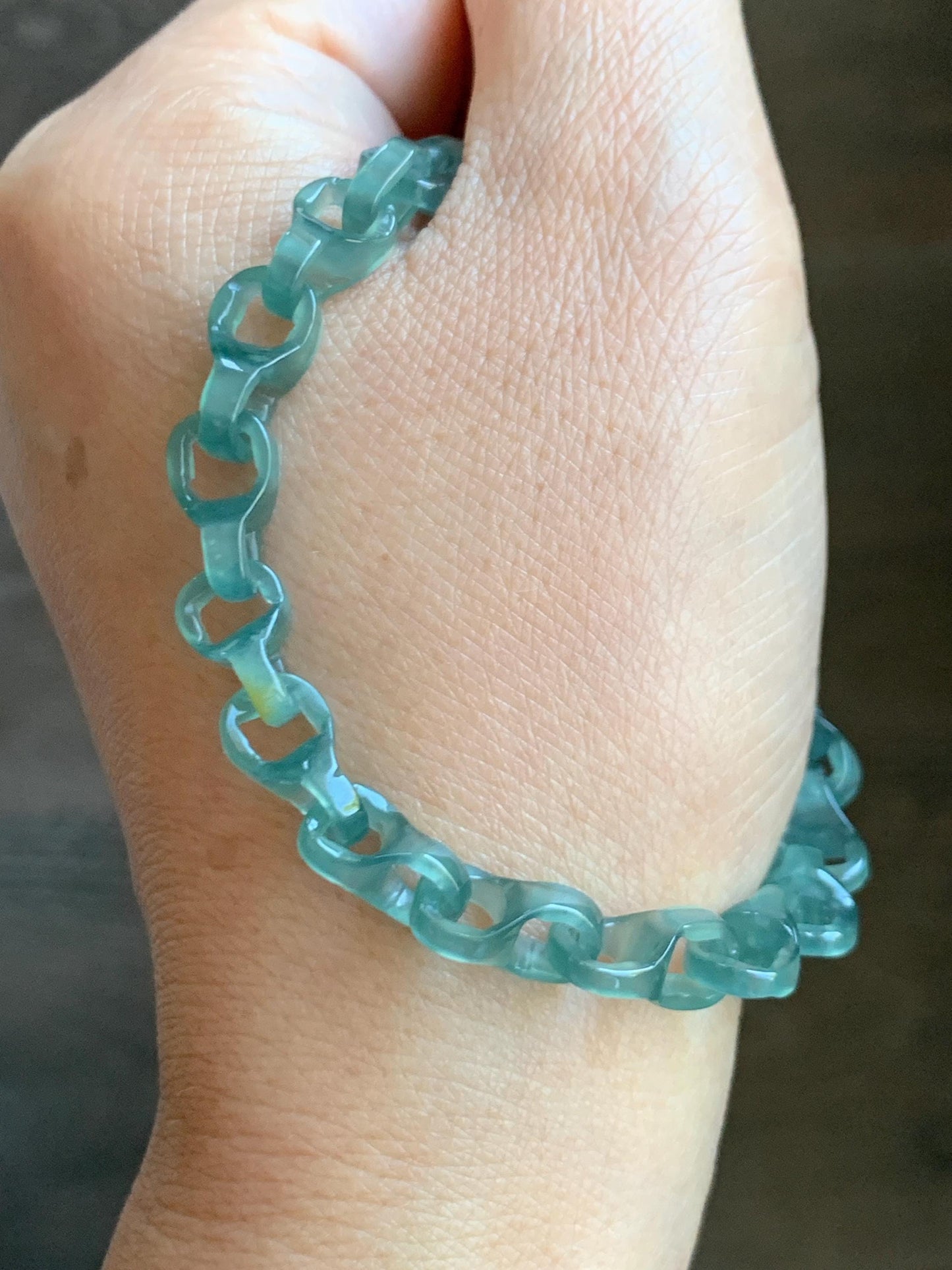 Certified Natural Guatemalan Icy Teal Green Jade Jadeite Interlocking Dragon Bone Links Bracelet Sterling Silver 7.75” 天然冰胶危蓝绿翡翠龙骨链手链 747