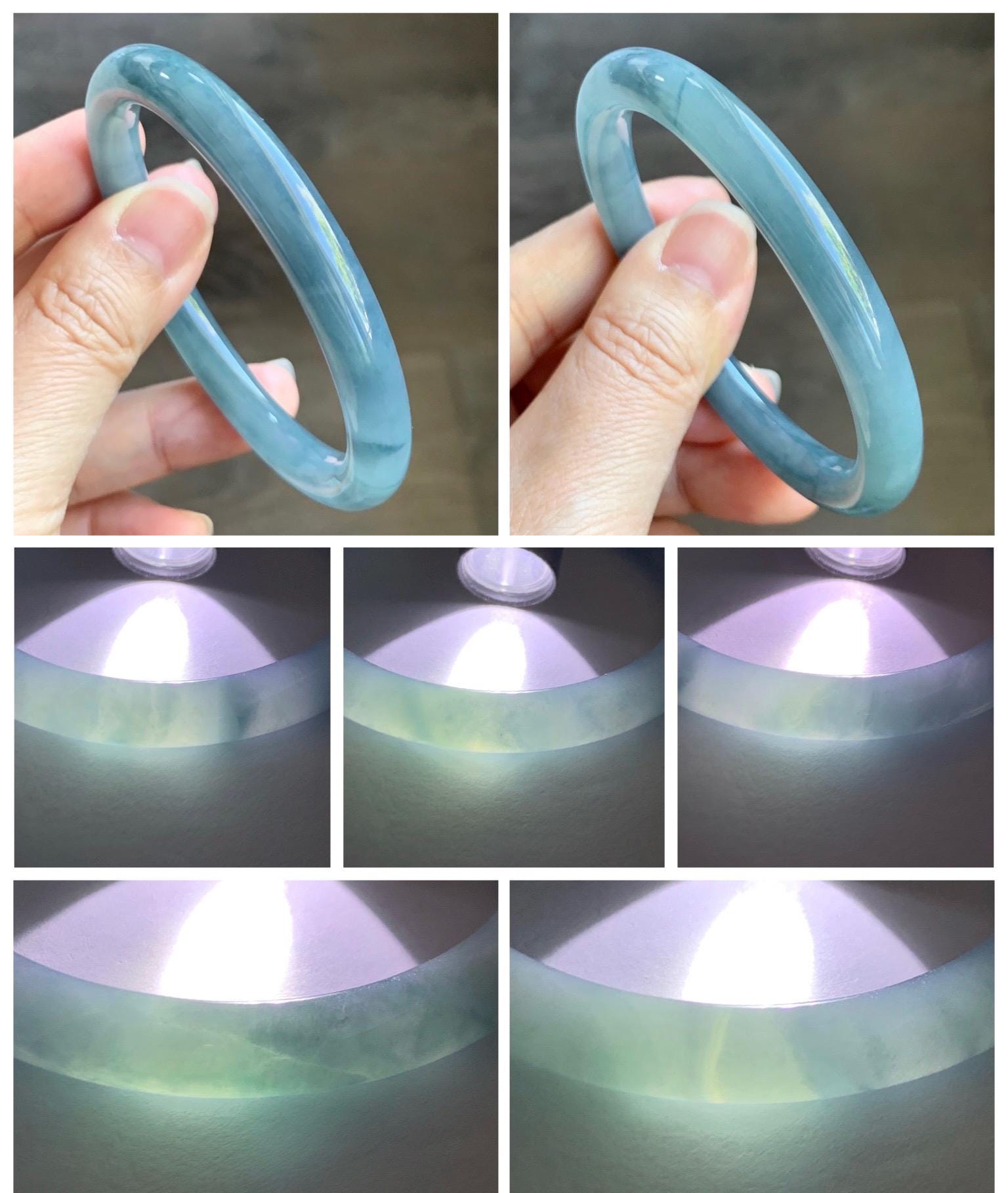 Certified Natural Grade A Guatemalan Icy Translucent Dusty Blue Marbled Jade Jadeite Bangle Bracelet 54.58mm 6.75” 29.8g 天然冰危蓝飘花翡翠圆条手镯 289