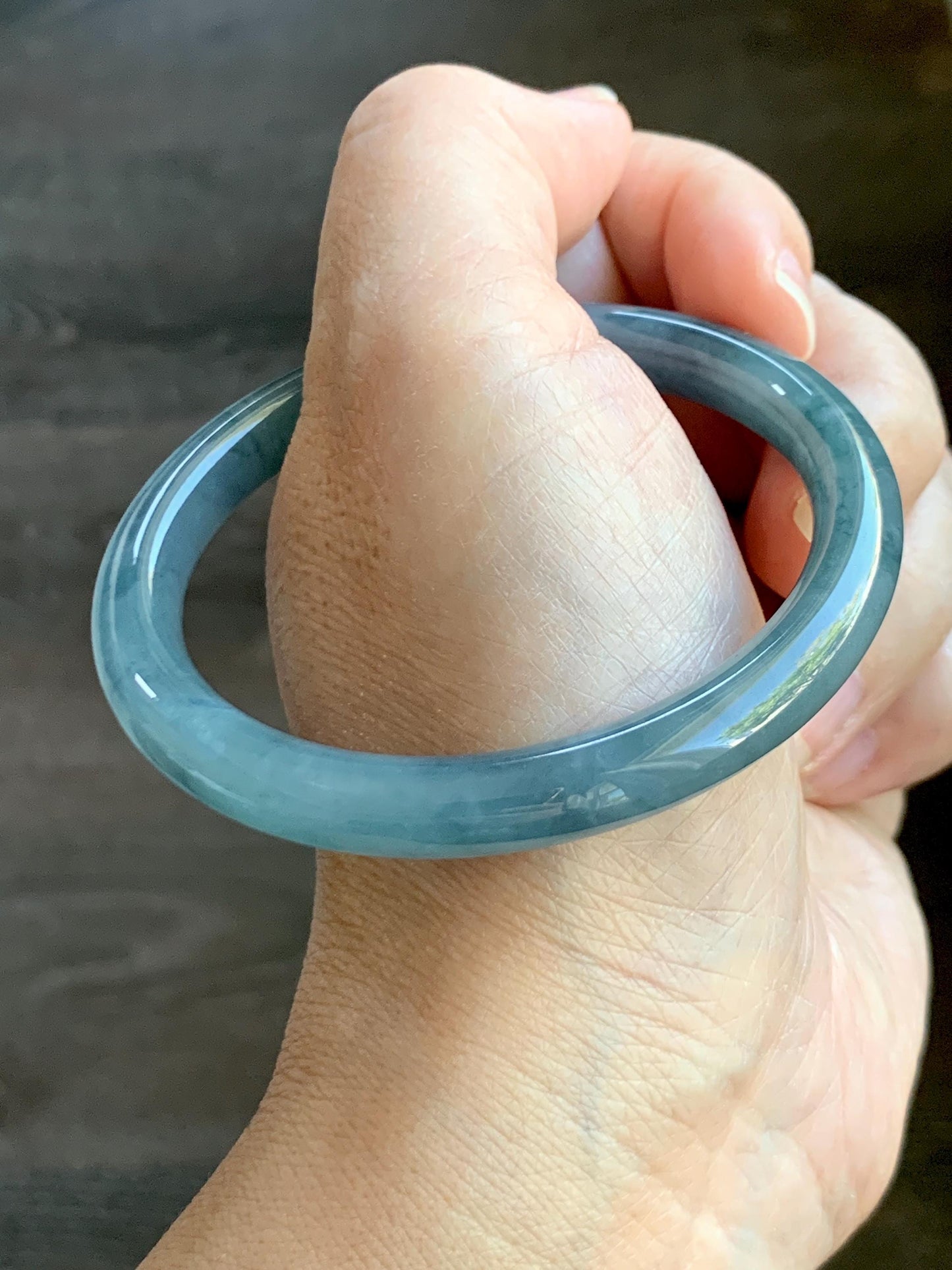 Certified Natural Grade A Guatemalan Icy Translucent Dusty Blue Marbled Jade Jadeite Bangle Bracelet 54.58mm 6.75” 29.8g 天然冰危蓝飘花翡翠圆条手镯 289
