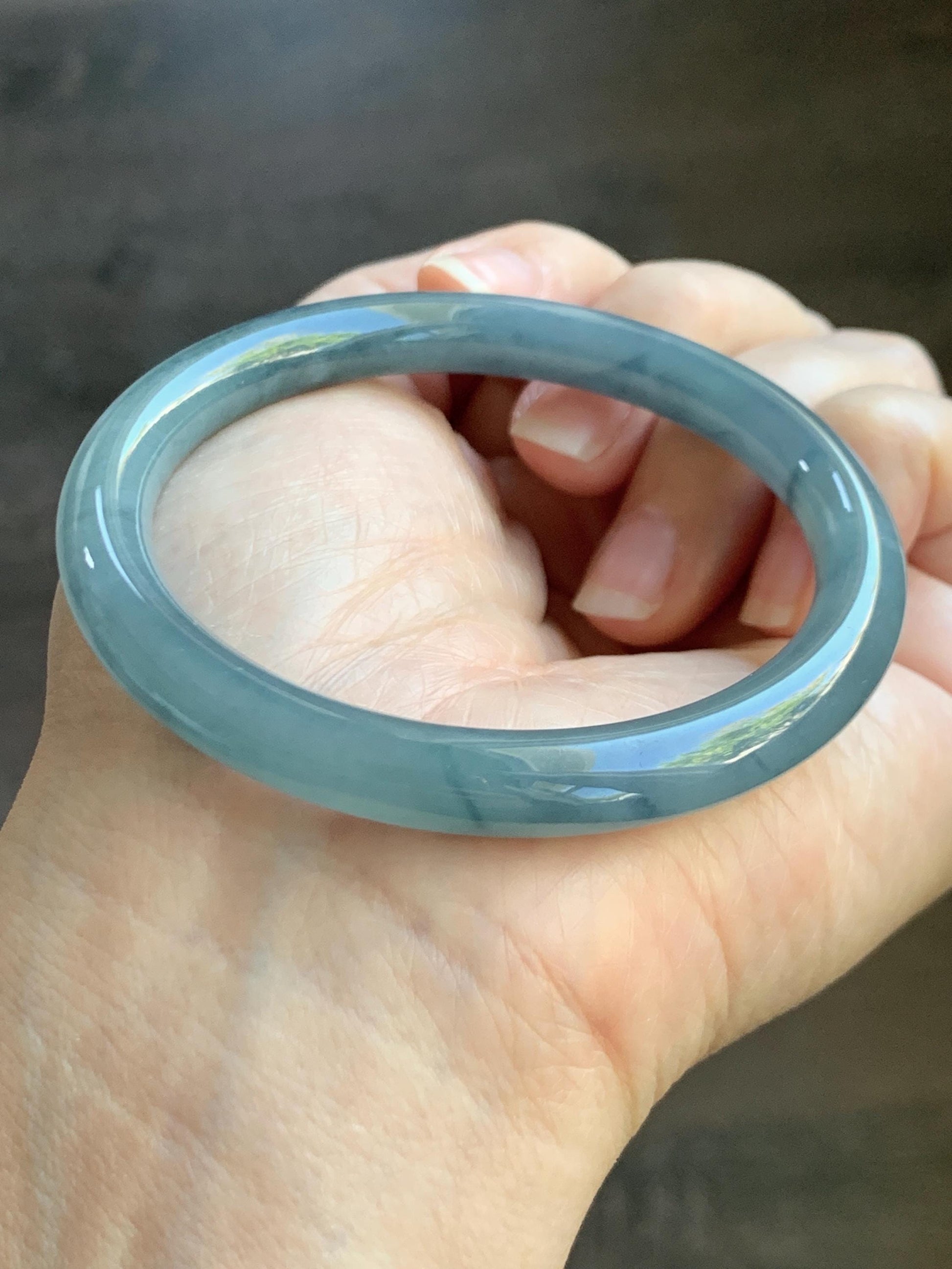 Certified Natural Grade A Guatemalan Icy Translucent Dusty Blue Marbled Jade Jadeite Bangle Bracelet 54.58mm 6.75” 29.8g 天然冰危蓝飘花翡翠圆条手镯 289