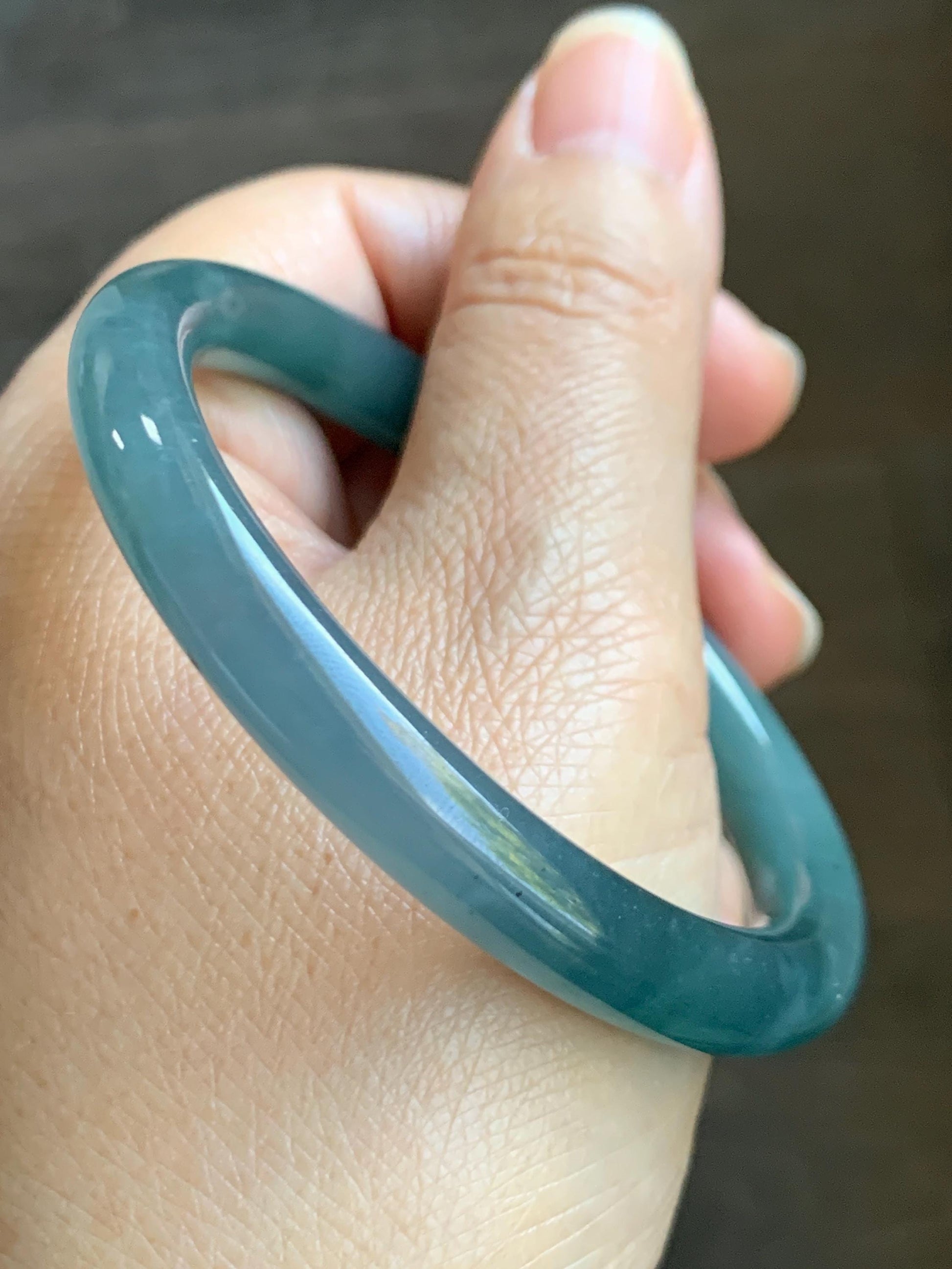 Certified Natural Grade A Guatemalan Icy Translucent Dark Teal Blue Marbled Jade Jadeite Bangle Bracelet 53.5mm 6.6” 30g 天然冰危深蓝飘花翡翠圆条手镯 715