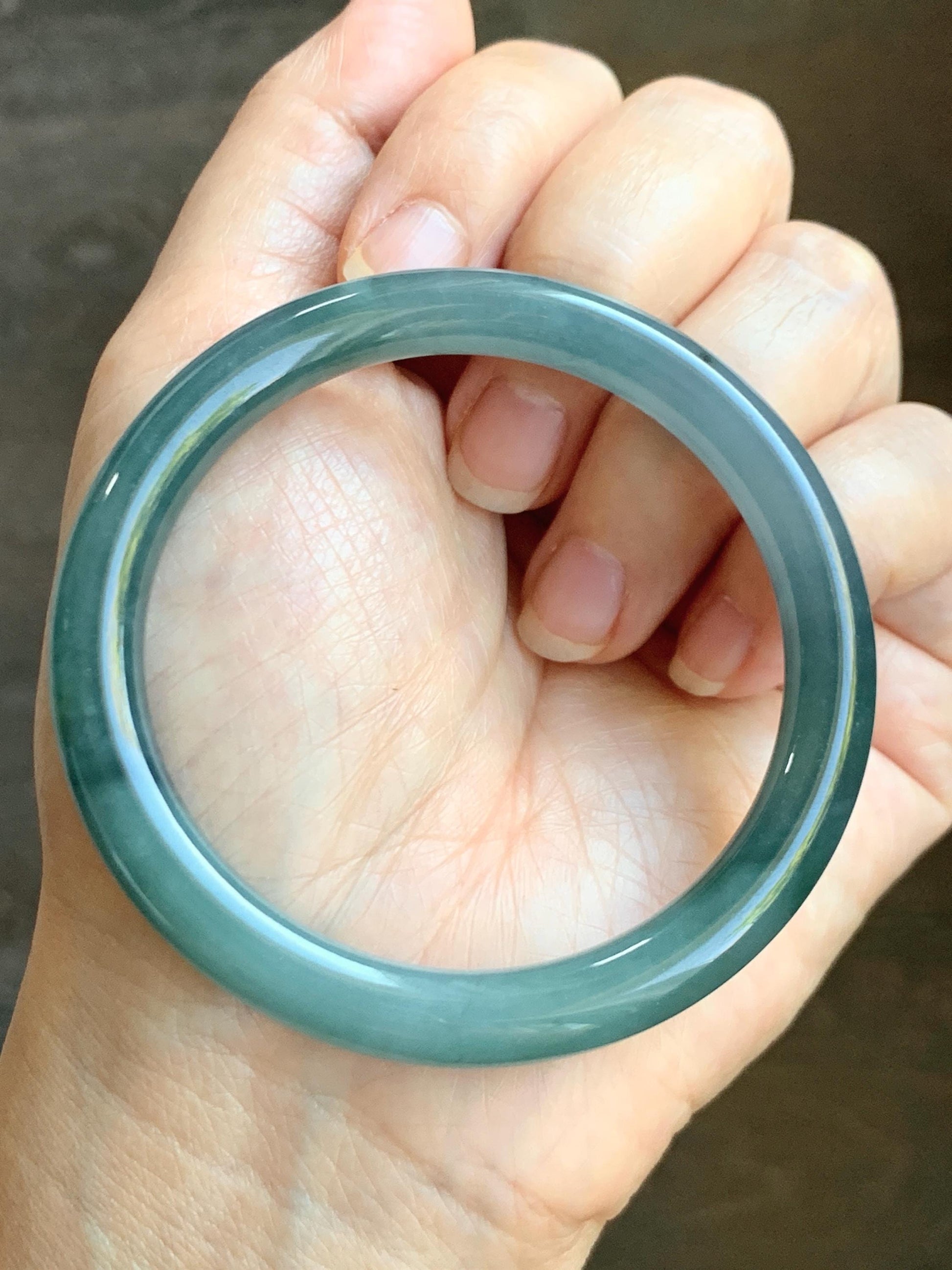 Certified Natural Grade A Guatemalan Icy Translucent Dark Teal Blue Marbled Jade Jadeite Bangle Bracelet 53.5mm 6.6” 30g 天然冰危深蓝飘花翡翠圆条手镯 715