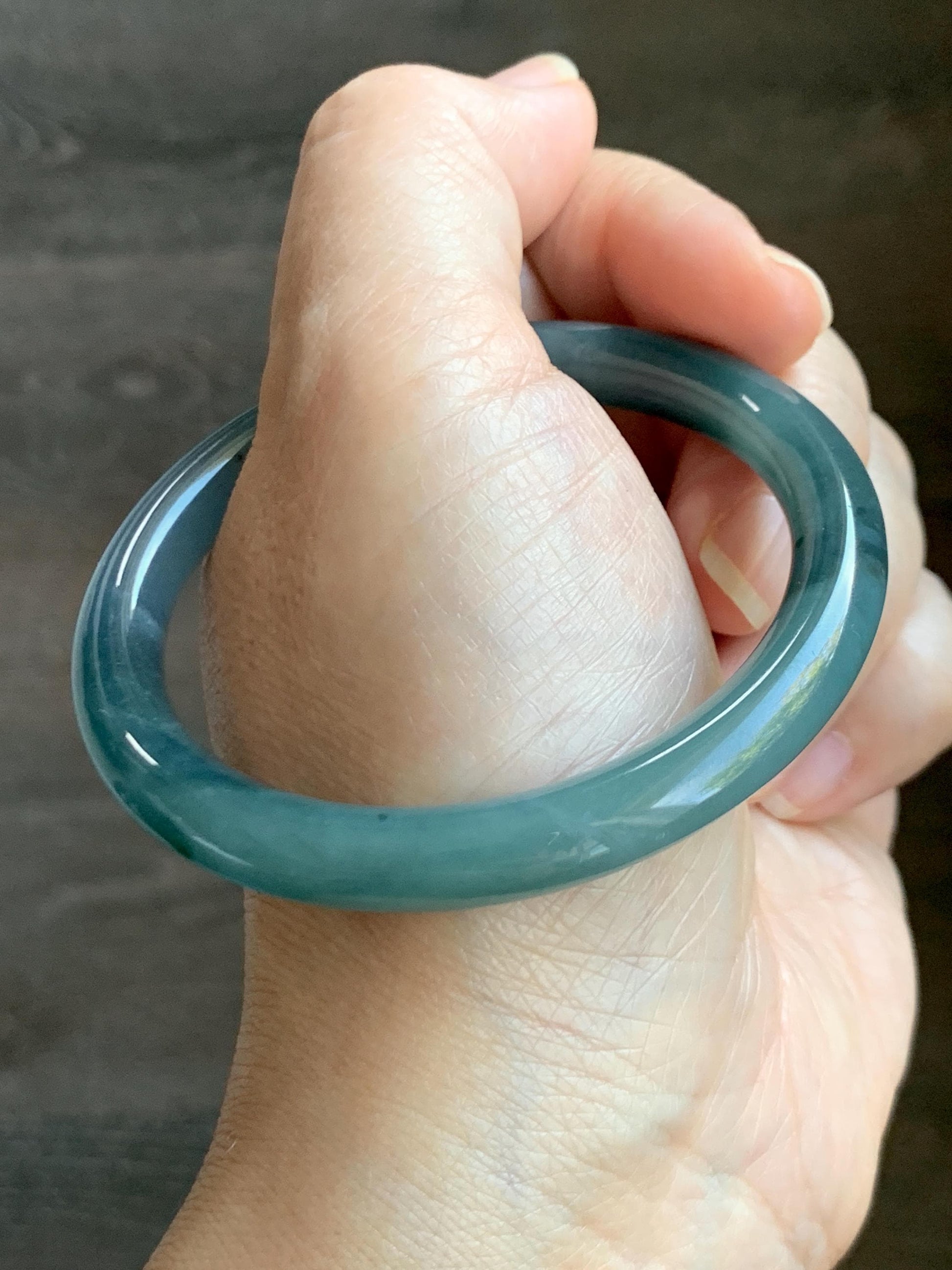 Certified Natural Grade A Guatemalan Icy Translucent Dark Teal Blue Marbled Jade Jadeite Bangle Bracelet 53.5mm 6.6” 30g 天然冰危深蓝飘花翡翠圆条手镯 715