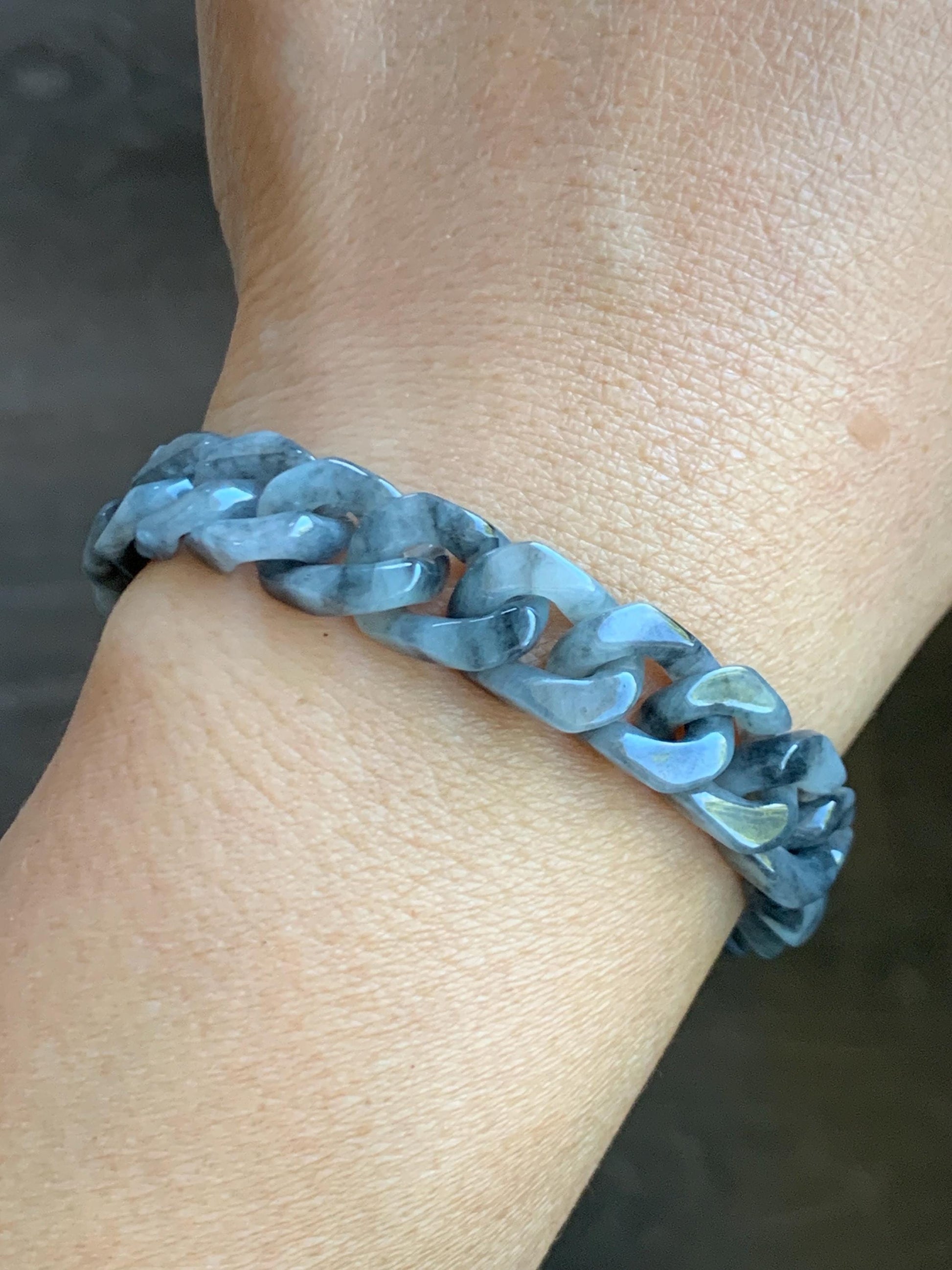 Certified Natural Grade A Icy Translucent Wuji Jade Jadeite Carved Curb Link Chain Bracelet Stainless Steel 7.5” 22g 天然冰乌鸡翡翠古巴链手链 750