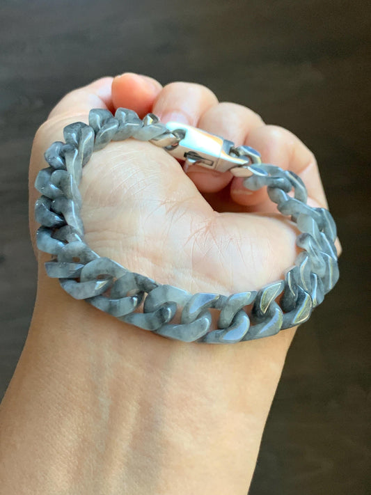 Certified Natural Grade A Icy Translucent Wuji Jade Jadeite Carved Curb Link Chain Bracelet Stainless Steel 7.5” 22g 天然冰乌鸡翡翠古巴链手链 750