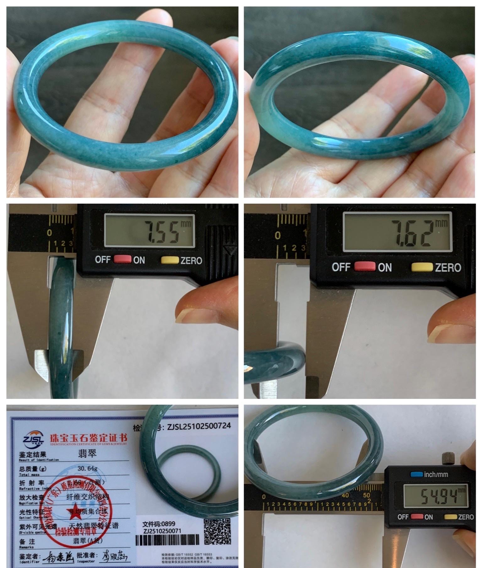 Certified Natural Grade A Guatemalan Icy Translucent Dark Dusty Blue Jade Jadeite Bangle Bracelet 54.9mm 6.79” 30.6g 天然冰危深蓝翡翠圆条手镯 724