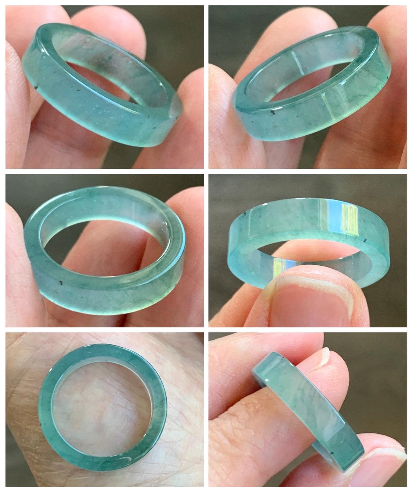 Natural Grade A Guatemalan Icy Highly Translucent Light Green Jade Jadeite Square Edged Band Ring Size 8.5 US 天然冰危晴绿翡翠角戒戒圈 LLJ180A