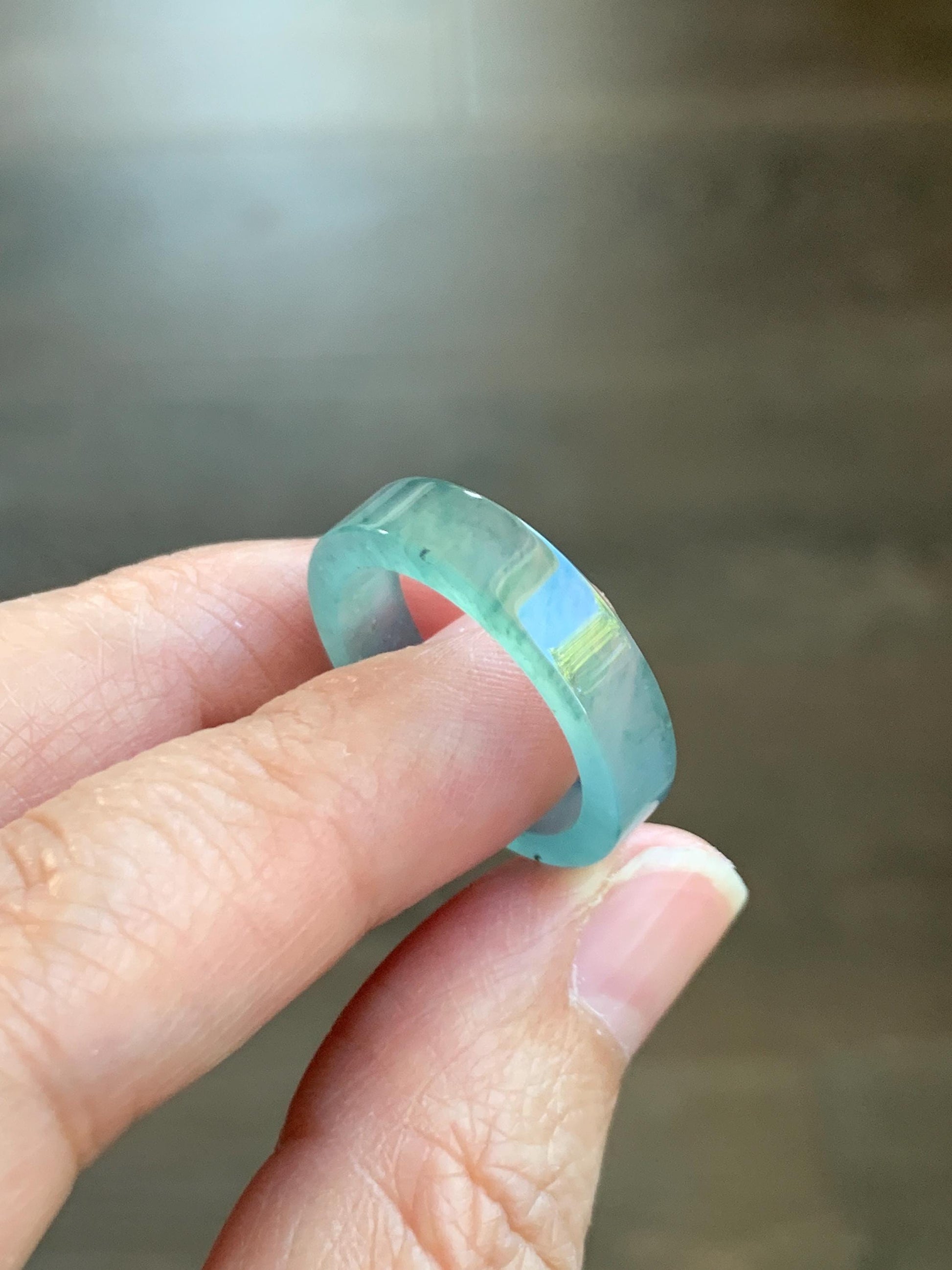 Natural Grade A Guatemalan Icy Highly Translucent Light Green Jade Jadeite Square Edged Band Ring Size 8.5 US 天然冰危晴绿翡翠角戒戒圈 LLJ180A