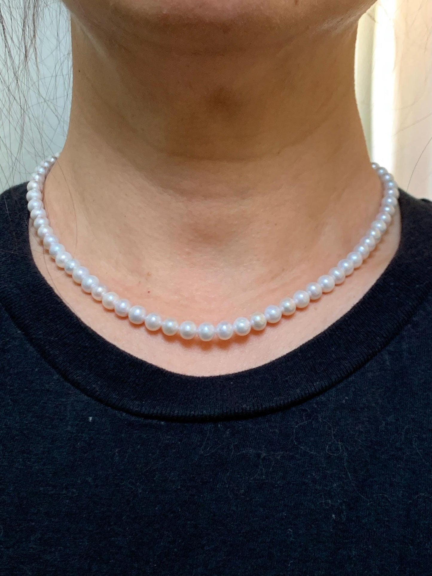Natural Freshwater All-Nacre Metallica White Round Pearls Beaded Necklace Sterling Silver 5.7-6mm 16.5”-17” 18g 天然淡水无核白珍珠项链 WHZ560A