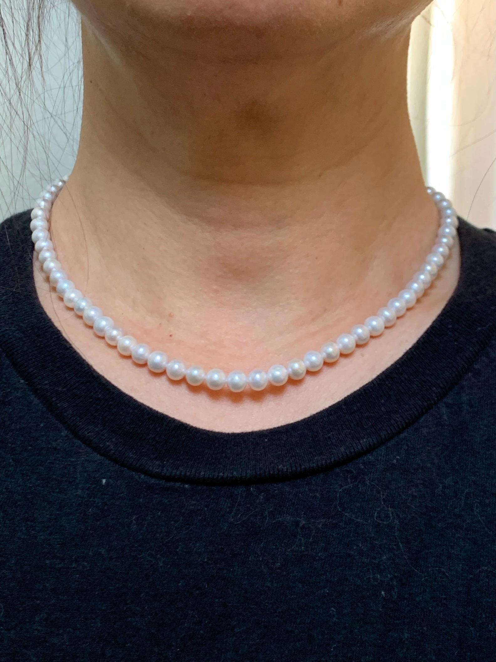 Natural Freshwater All-Nacre Metallica White Round Pearls Beaded Necklace Sterling Silver 5.7-6mm 16.5”-17” 18g 天然淡水无核白珍珠项链 WHZ560A