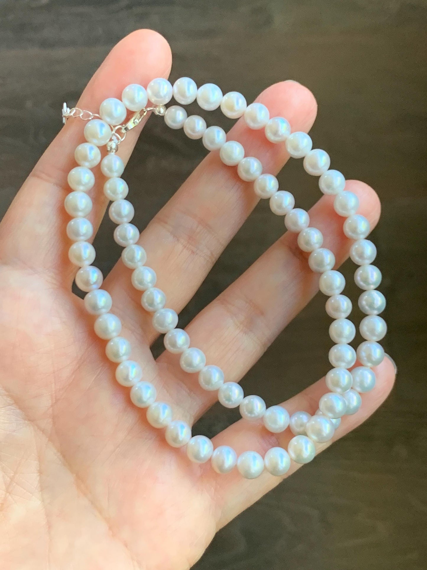 Natural Freshwater All-Nacre Metallica White Round Pearls Beaded Necklace Sterling Silver 5.7-6mm 16.5”-17” 18g 天然淡水无核白珍珠项链 WHZ560A