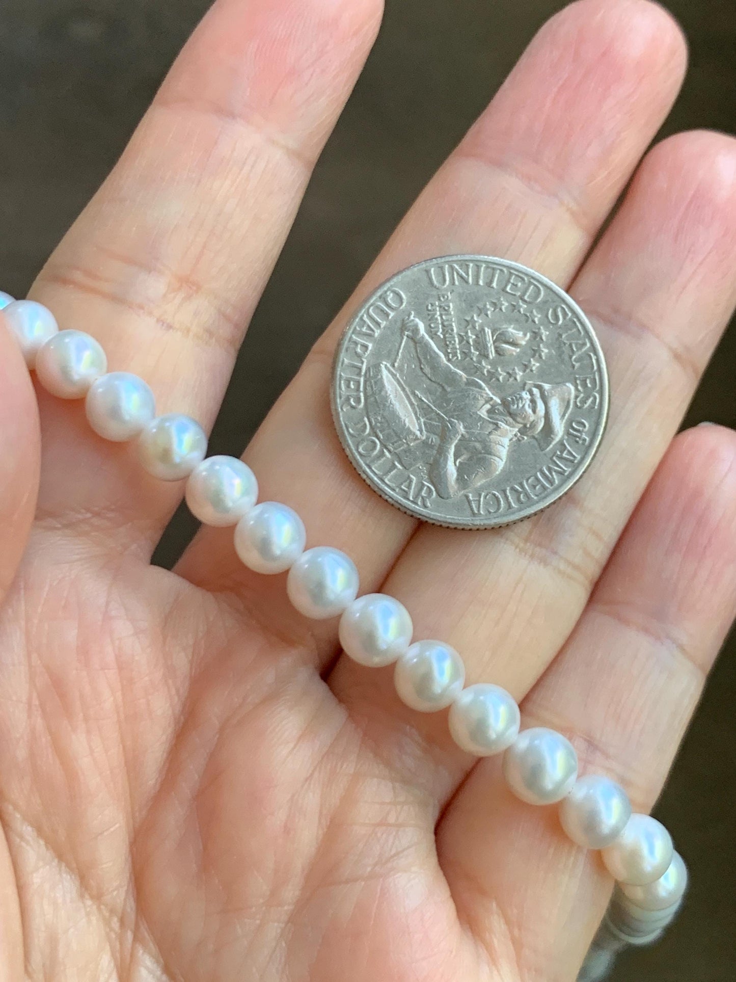 Natural Freshwater All-Nacre Metallica White Round Pearls Beaded Necklace Sterling Silver 5.7-6mm 16.5”-17” 18g 天然淡水无核白珍珠项链 WHZ560A
