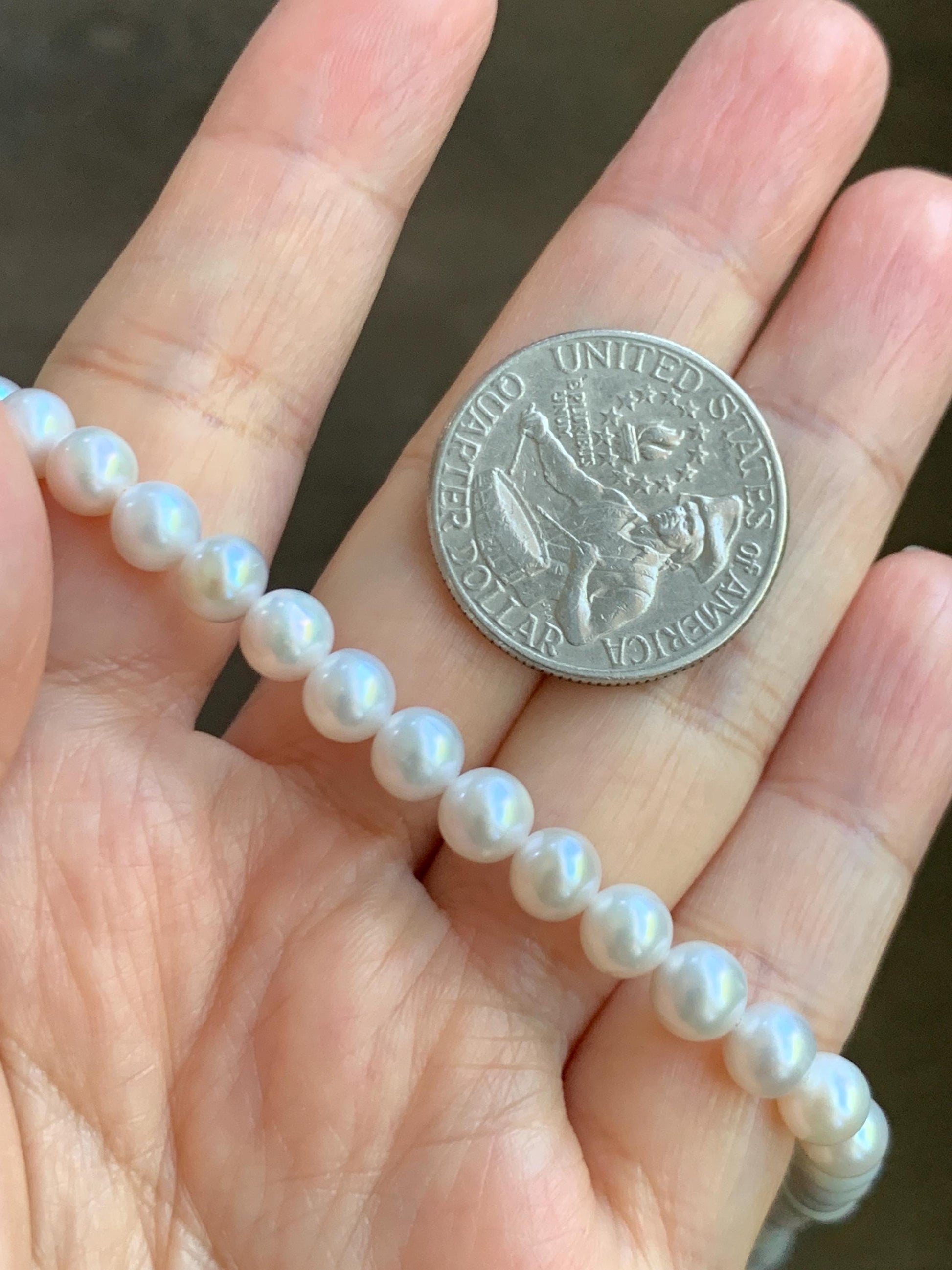Natural Freshwater All-Nacre Metallica White Round Pearls Beaded Necklace Sterling Silver 5.7-6mm 16.5”-17” 18g 天然淡水无核白珍珠项链 WHZ560A