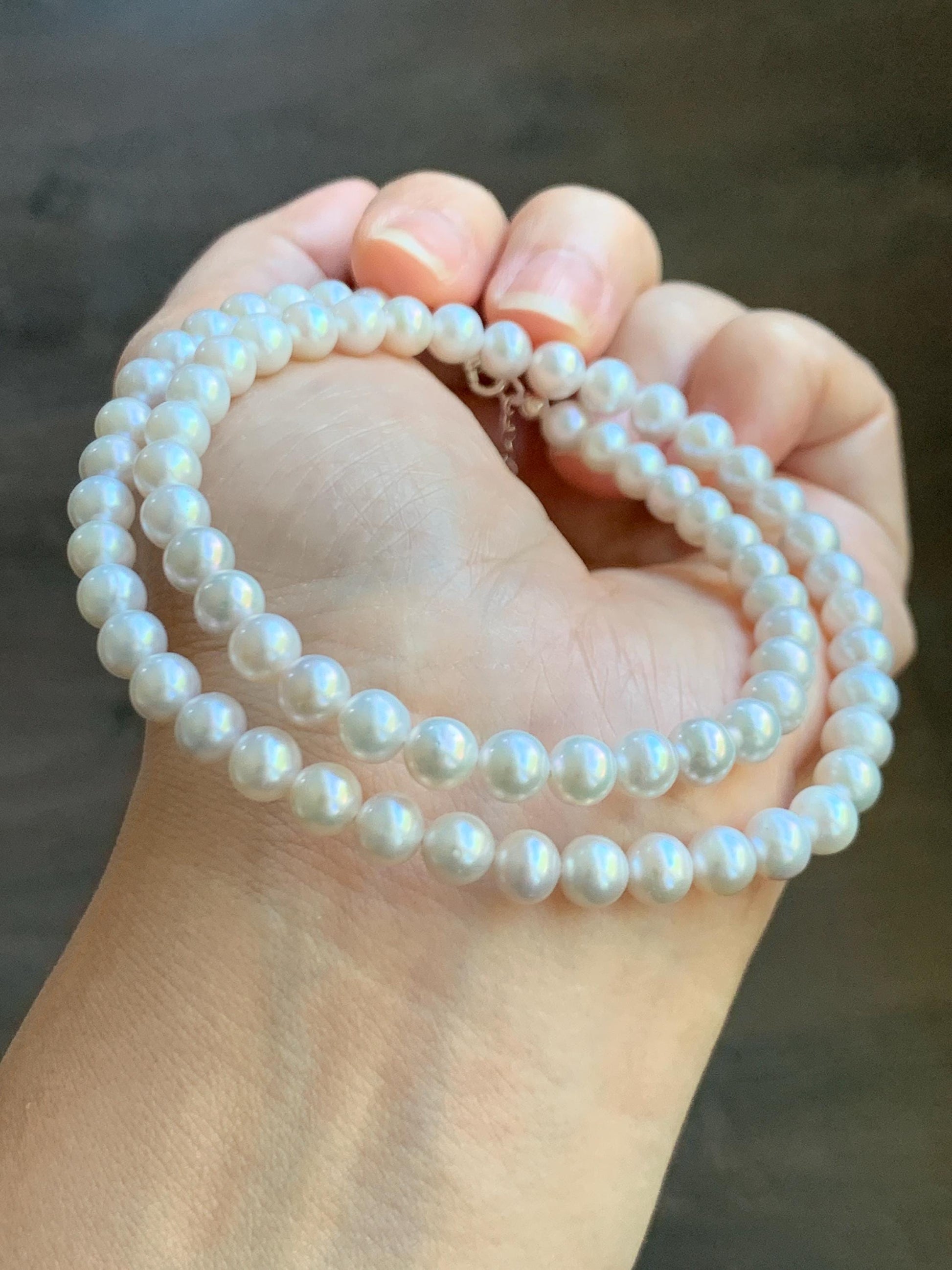 Natural Freshwater All-Nacre Metallica White Round Pearls Beaded Necklace Sterling Silver 5.7-6mm 16.5”-17” 18g 天然淡水无核白珍珠项链 WHZ560A