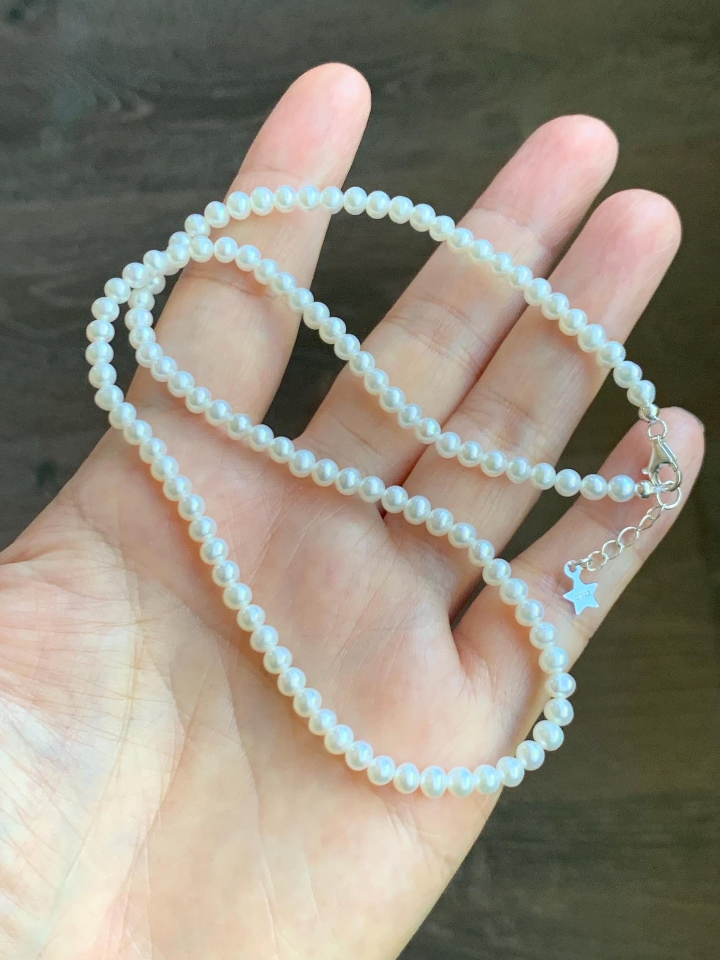 Natural Freshwater All-Nacre Metallica White Mini Round Pearls Beaded Necklace Sterling Silver 4-4.16mm 16”-16.75” 9g 天然淡水无核白珍珠项链 MWHZ560A