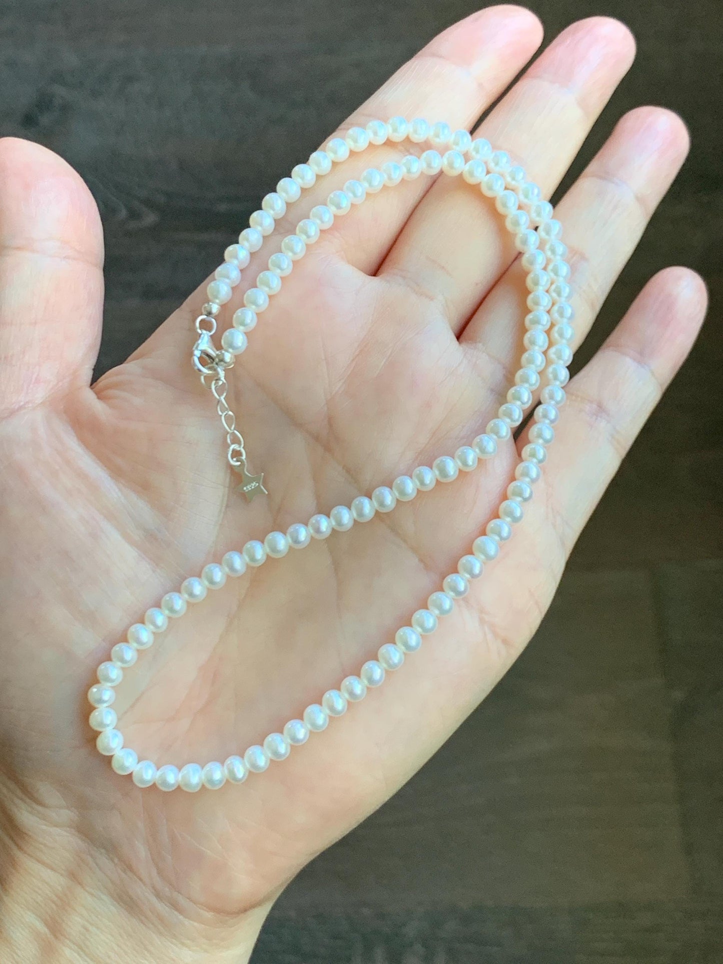 Natural Freshwater All-Nacre Metallica White Mini Round Pearls Beaded Necklace Sterling Silver 4-4.16mm 16”-16.75” 9g 天然淡水无核白珍珠项链 MWHZ560A