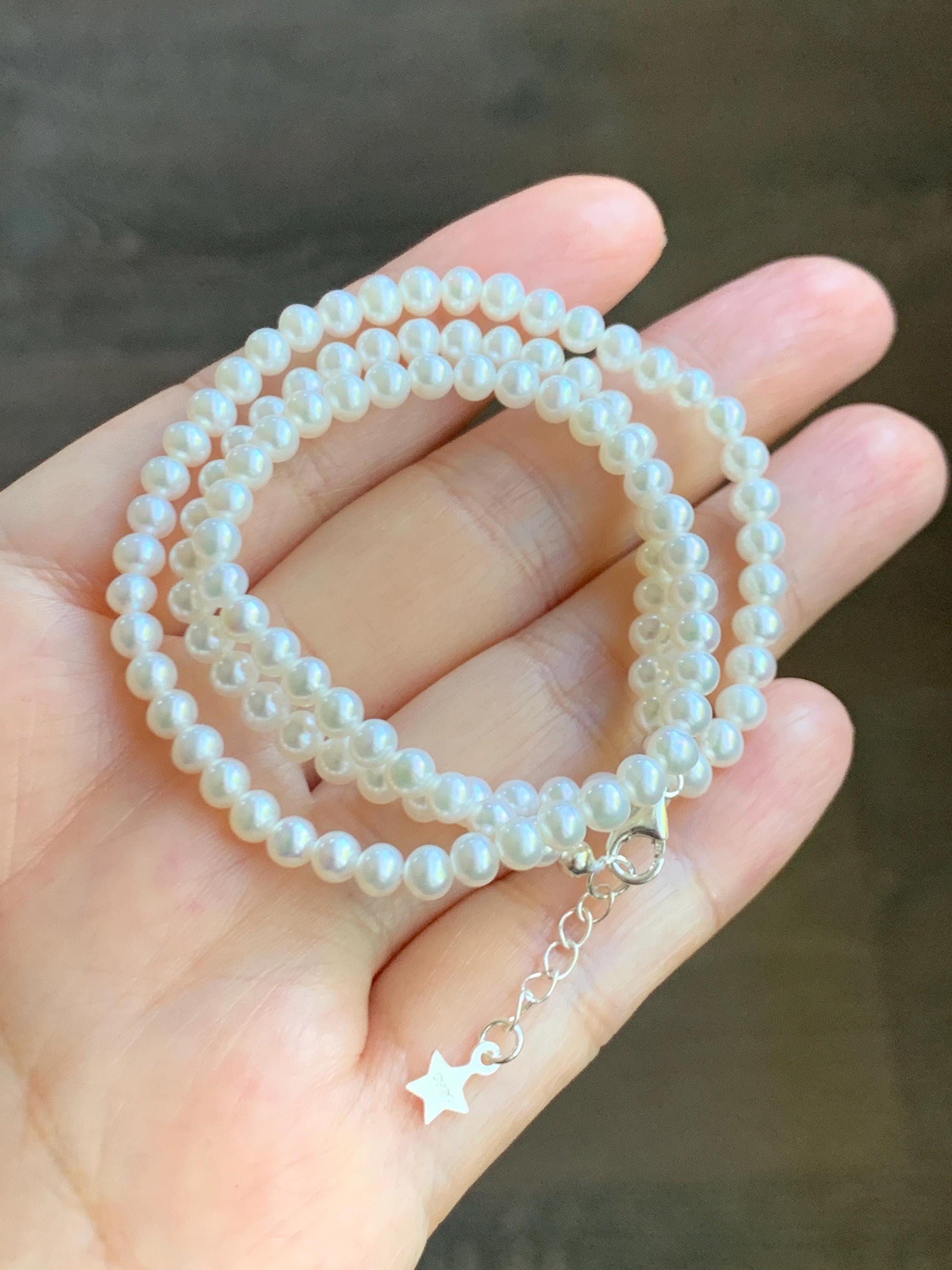 Natural Freshwater All-Nacre Metallica White Mini Round Pearls Beaded Necklace Sterling Silver 4-4.16mm 16”-16.75” 9g 天然淡水无核白珍珠项链 MWHZ560A