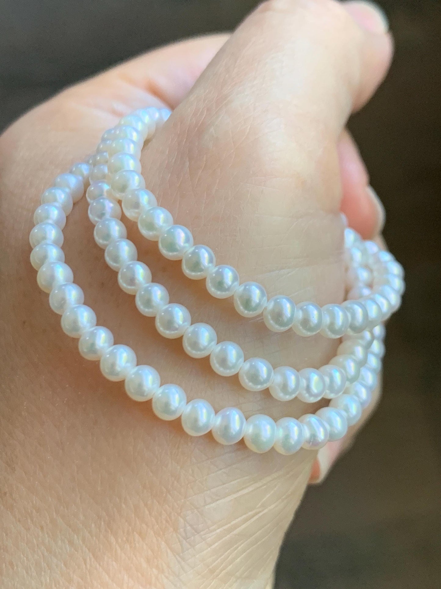 Natural Freshwater All-Nacre Metallica White Mini Round Pearls Beaded Necklace Sterling Silver 4-4.16mm 16”-16.75” 9g 天然淡水无核白珍珠项链 MWHZ560A