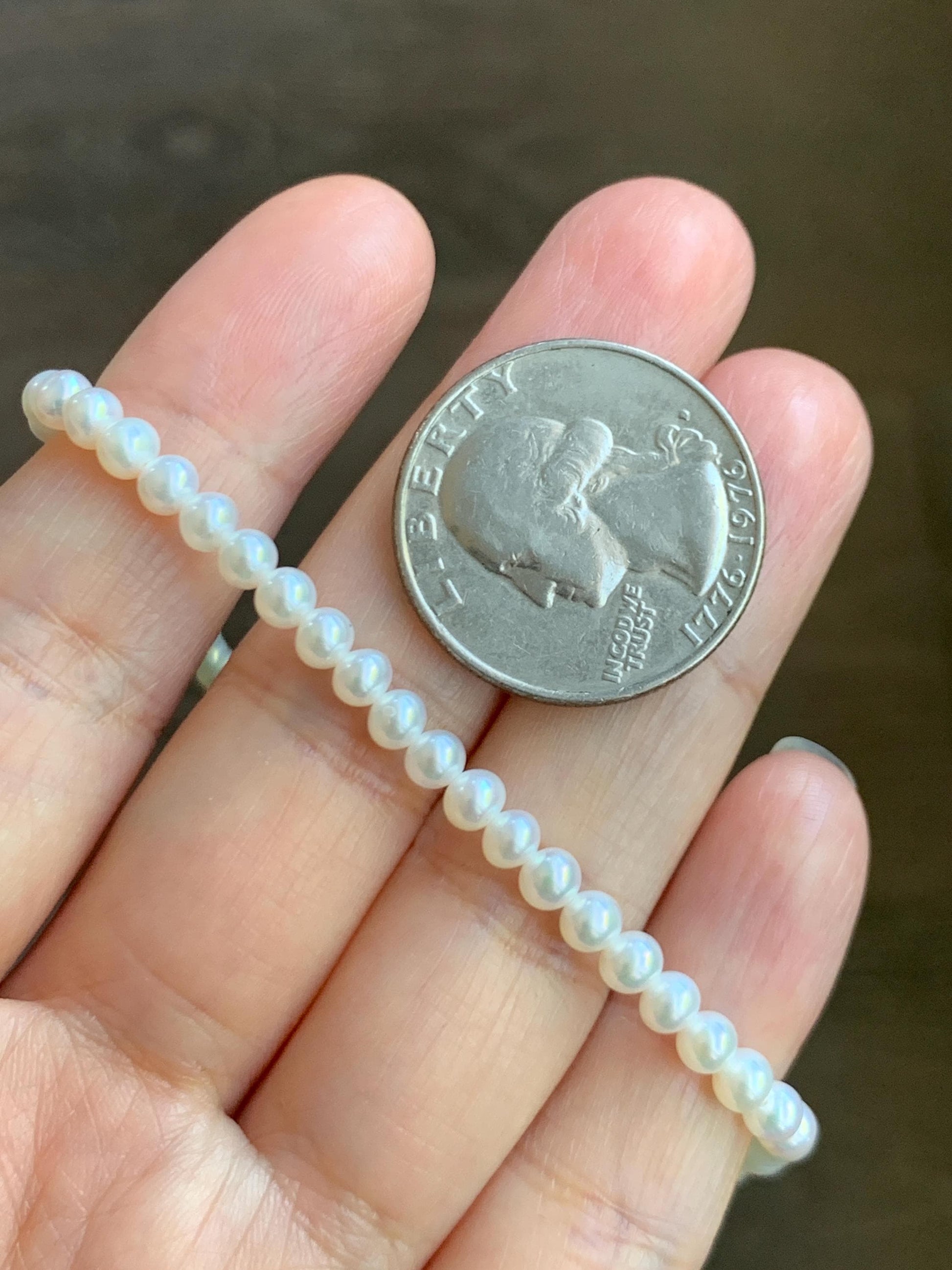 Natural Freshwater All-Nacre Metallica White Mini Round Pearls Beaded Necklace Sterling Silver 4-4.16mm 16”-16.75” 9g 天然淡水无核白珍珠项链 MWHZ560A