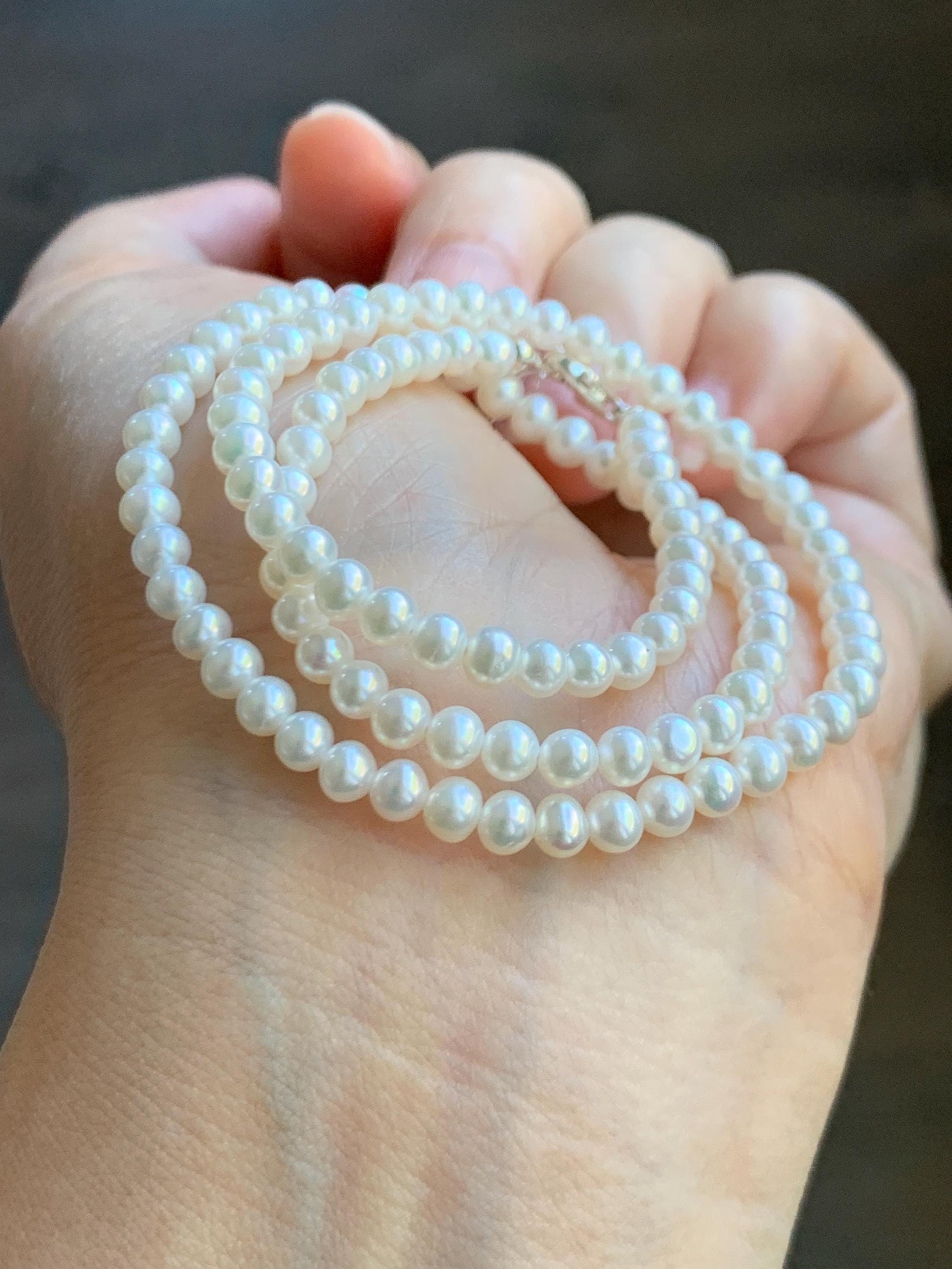 Natural Freshwater All-Nacre Metallica White Mini Round Pearls Beaded Necklace Sterling Silver 4-4.16mm 16”-16.75” 9g 天然淡水无核白珍珠项链 MWHZ560A
