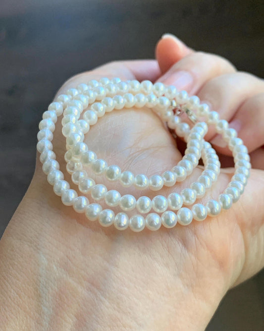 Natural Freshwater All-Nacre Metallica White Mini Round Pearls Beaded Necklace Sterling Silver 4-4.16mm 16”-16.75” 9g 天然淡水无核白珍珠项链 MWHZ560A