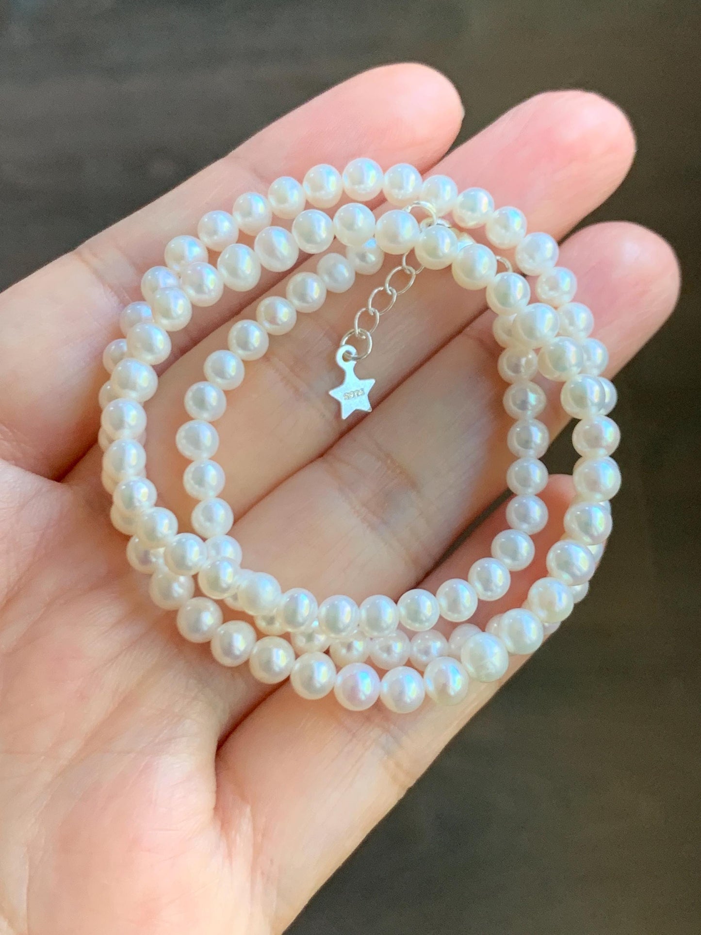 Natural Freshwater All-Nacre Metallica White Mini Round Pearls Beaded Necklace Sterling Silver 4-4.7mm 15.75”-16.5” 10g 天然淡水无核白珍珠项链 MWHZ560B