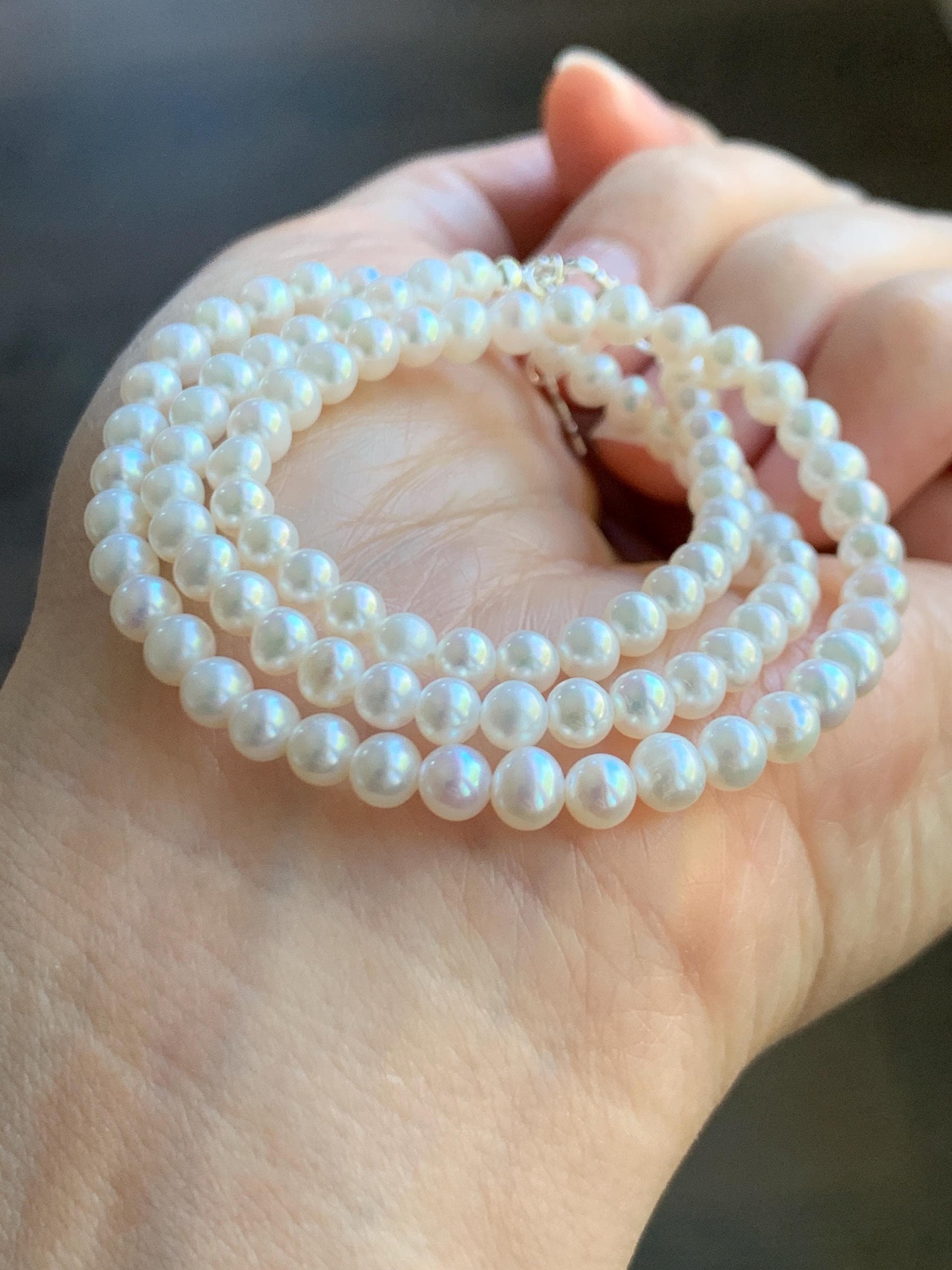 Natural Freshwater All-Nacre Metallica White Mini Round Pearls Beaded Necklace Sterling Silver 4-4.7mm 15.75”-16.5” 10g 天然淡水无核白珍珠项链 MWHZ560B