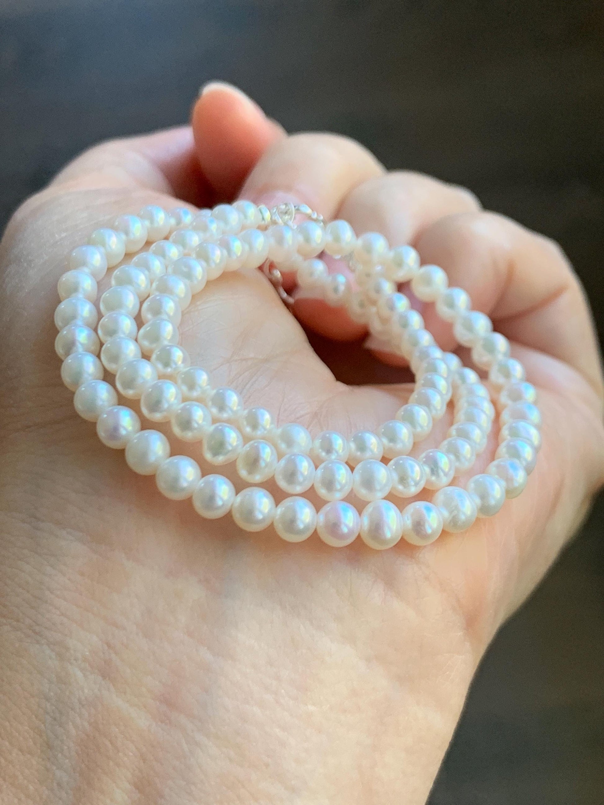 Natural Freshwater All-Nacre Metallica White Mini Round Pearls Beaded Necklace Sterling Silver 4-4.7mm 15.75”-16.5” 10g 天然淡水无核白珍珠项链 MWHZ560B